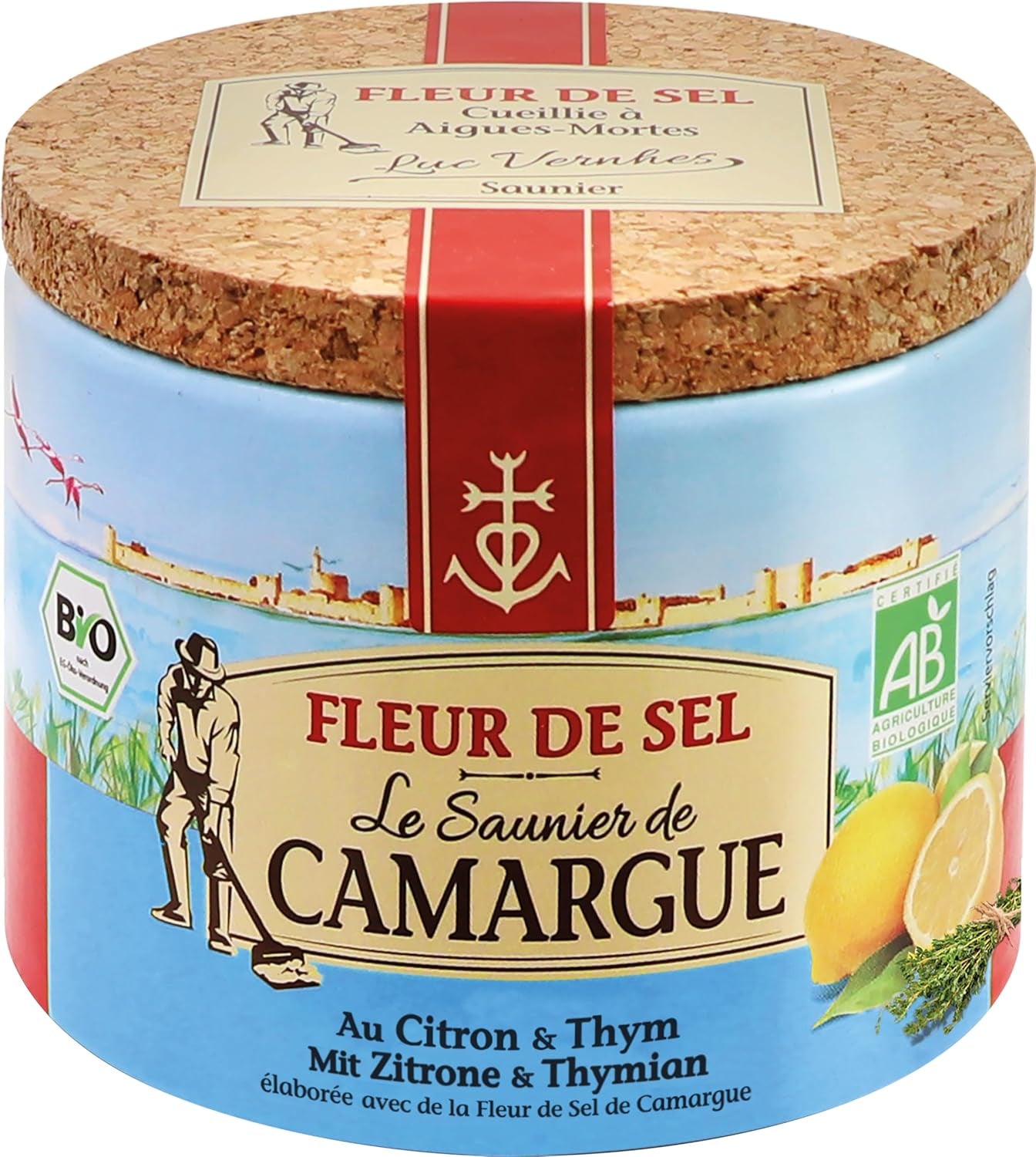 Le Saunier de Camargue Fleur De-Sel Citrone Thymian in 125 g Dosis, Premium Meersalz aus Süd-Frankreich, Ideal als Finishing von Speisen und zum Verfeinern von Gerichten