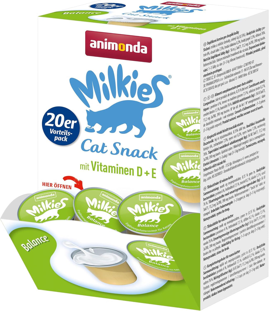 Animonda Milkies Selection (20 cupe À 15 G), lapte de pisică ușor digerabil pentru pisici adulte, pachet valoric practic cu 20 de cupe de lapte de pisică, gustare cu lapte fără soia și zahăr