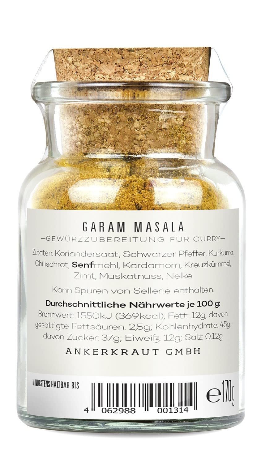 Ankerkraut Garam Masala, Gewürz für indisches Gericht, Leckeres Curry mit Fleischwürzen, Taste of India, 65 g im Korkglas