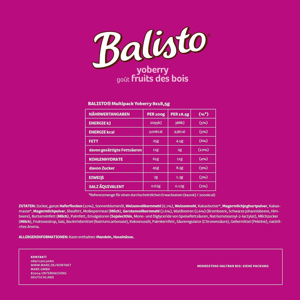 Balisto Chocolate Pack Bulk, Yoberry-, Müsli- und Joghurt-Schokoriegel, 8 x 18,5 g, Schokolade, Müsliriegel, Schokoladen-Großpackung (148 g)