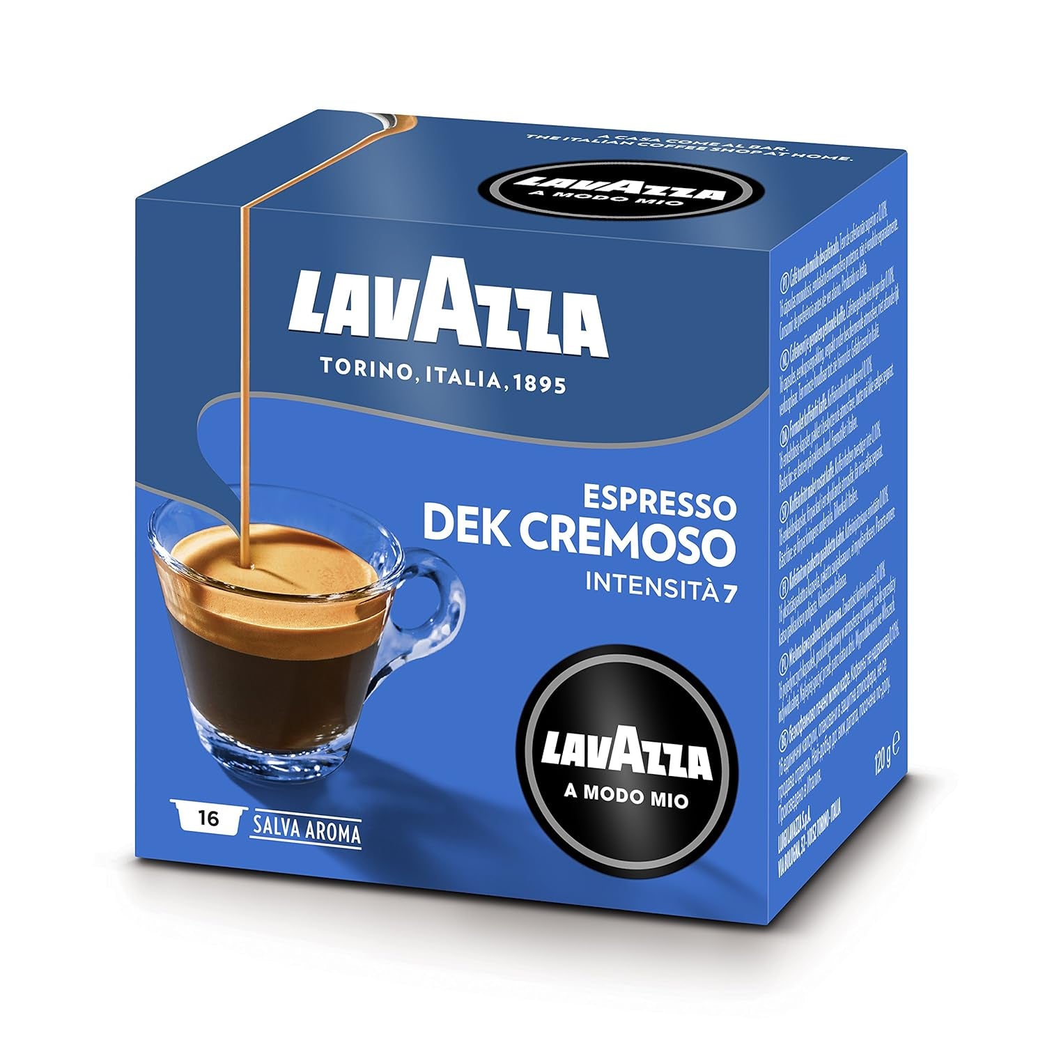 Lavazza A Modo Mio Dek Cremoso, 256 Kaffeekapseln, für einen entkoffeinierten Espresso mit aromatischen Noten von Mandeln und Canditis, 100% Arabica, Intensität 7/13, mittlere Röstung, 16 Packungen