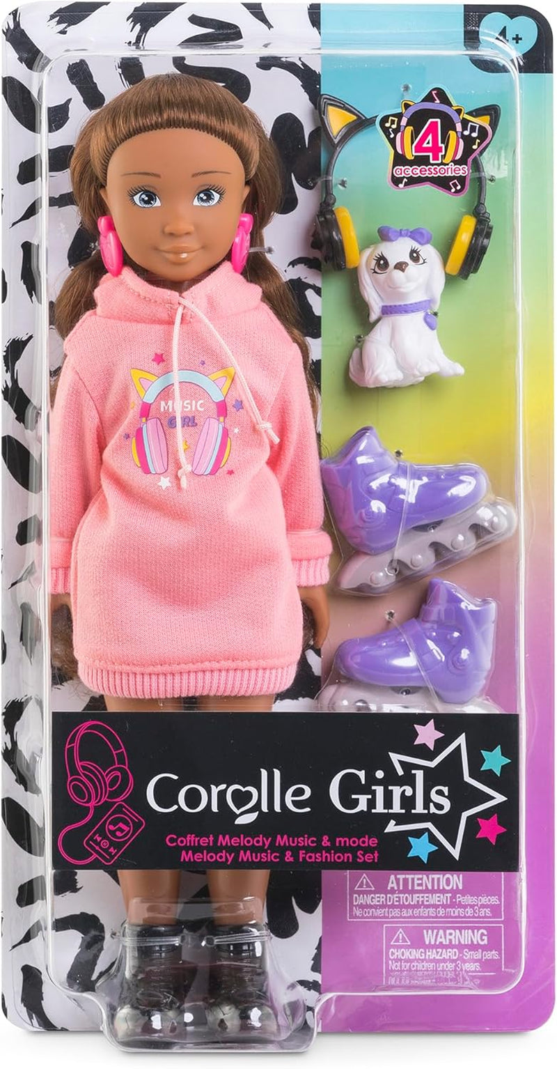 Corolle Girls Melody Music und Fashion Set, Knöchelpuppe im coolen Hoodiekleid mit Hund, trendige Kopfhörer, Ohrringe und extra Inlineskates, Vanilleduft, 28cm, ab 4 Jahre