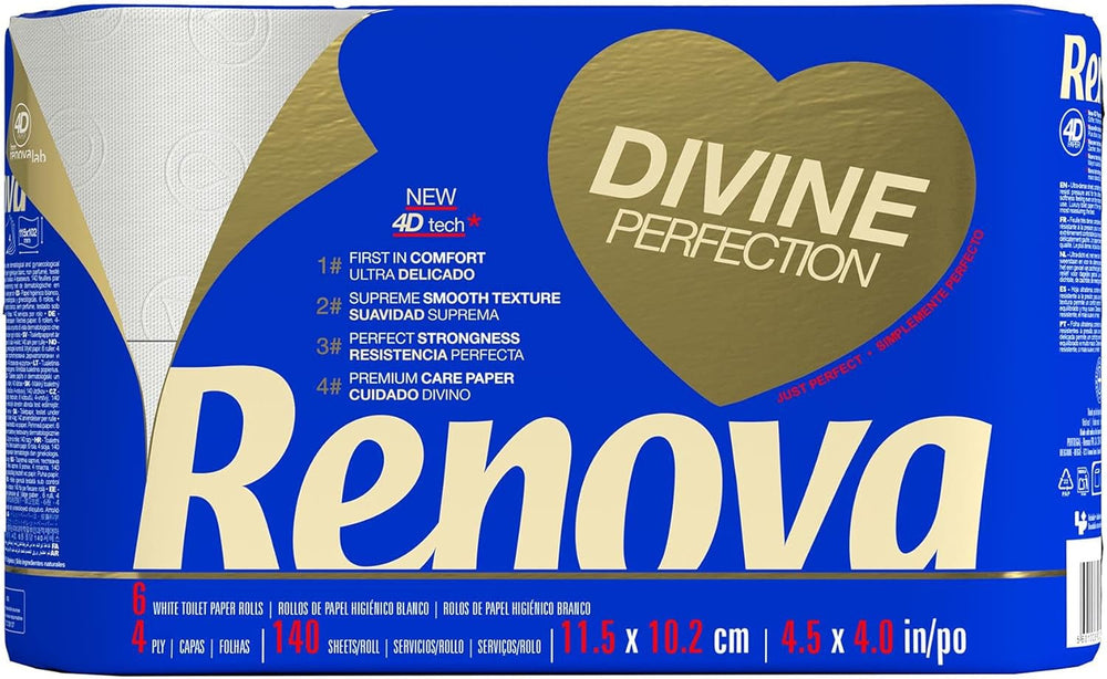 Hârtie igienică Renova Renova Divine Perfection, 42 role, hârtie igienică premium, 4 straturi, ultra moale, rezistență sporită, grosime, moale și absorbantă, hârtie certificată Fsc, 4400 G