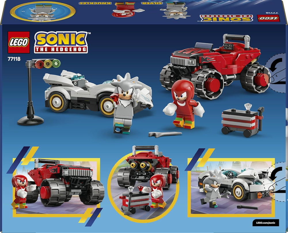 LEGO Sonic the Hedgehog Silvers Auto Vs. Knuckles' Monstertruck – Kinderspielzeug mit 2 Flitzern und 2 Minifiguren – Geschenk für Jungen und Mädchen ab 8 Jahren – Sonic Fanartikel für Gamer – 77118