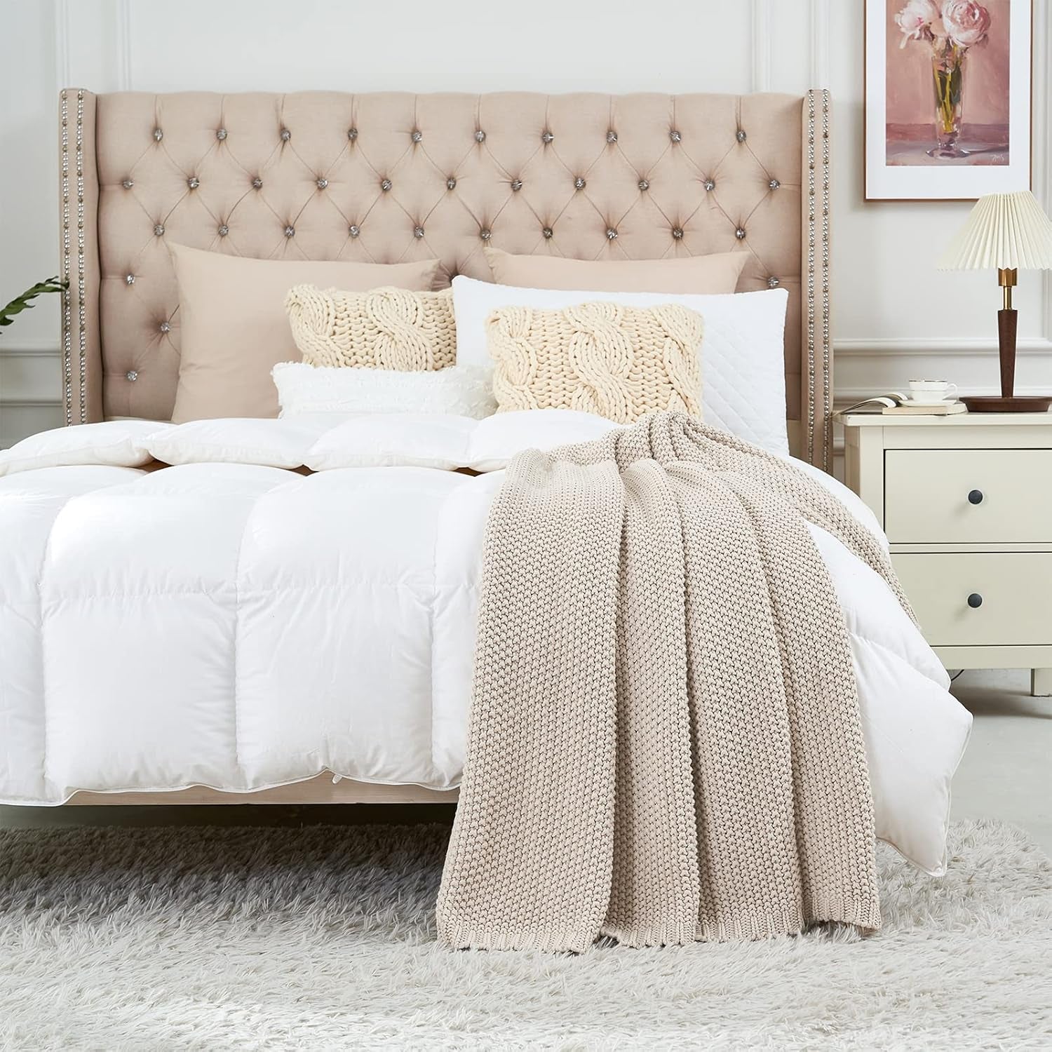 Grobstrick-Überwurfdecke, leicht, Beige, 100 % Bio-Baumwolle, Decke für Couch, Sofa, Bett, Kind, Kinderzimmer, rustikal, Shabby-Chic, modernes Bauernhaus, 152,4 x 203,2 cm, inklusive Wäschesack. Betten und Decken, Longhui-Bettwäsche