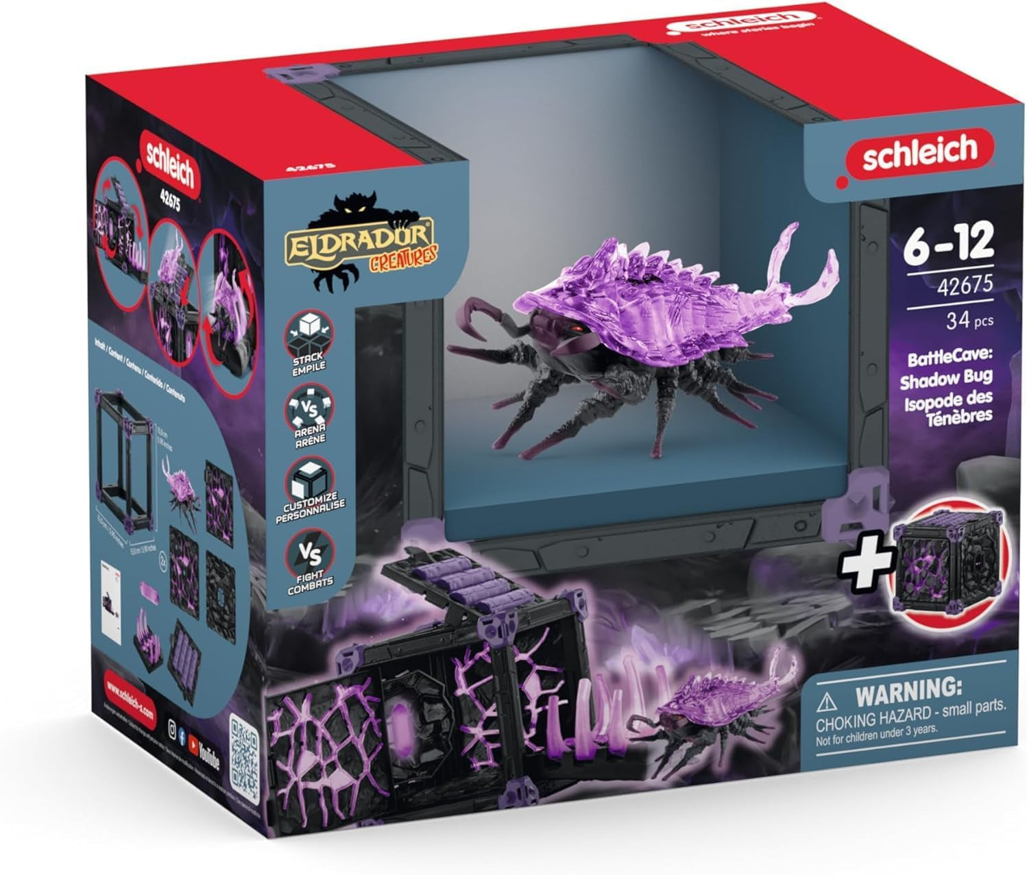 SCHLEICH ELDRADOR Kreaturen | Battle CAVE Schattenassel 42675 | Set aus ELDRADOR Battle Cave mit Monster und Schattenkristall | Kampfhöhlen zur Arena stapelbar | Spielzeug ab 7 Jahren | 34 Teile