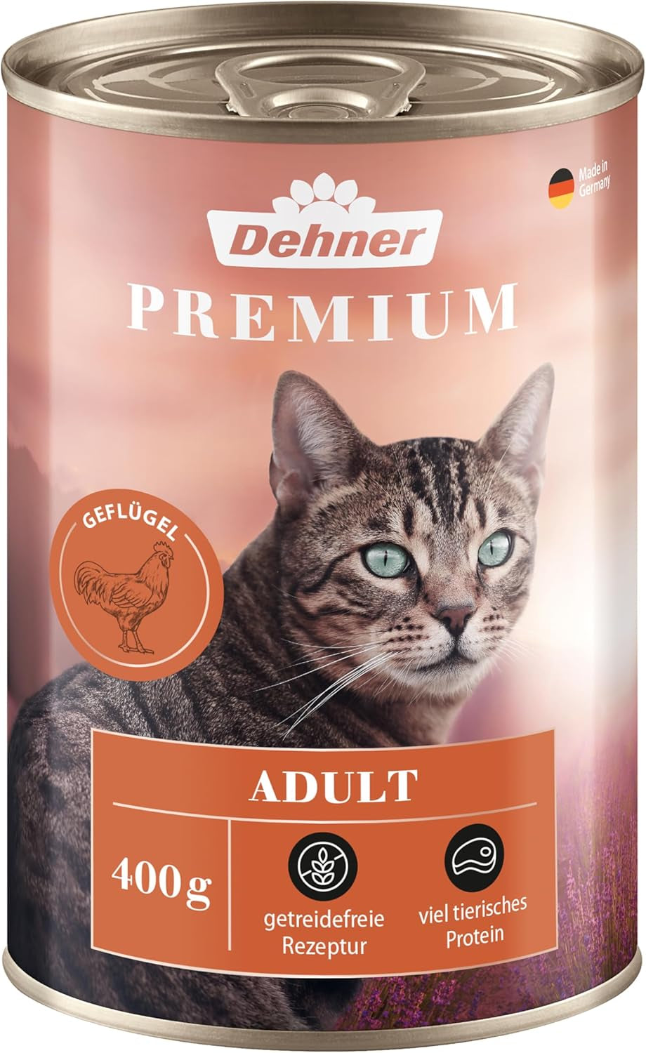 Hrană umedă Dehner Premium pentru pisici, fără cereale, pentru pisici adulte, păsări de curte, 6 conserve a câte 400 g (2,4 kg)