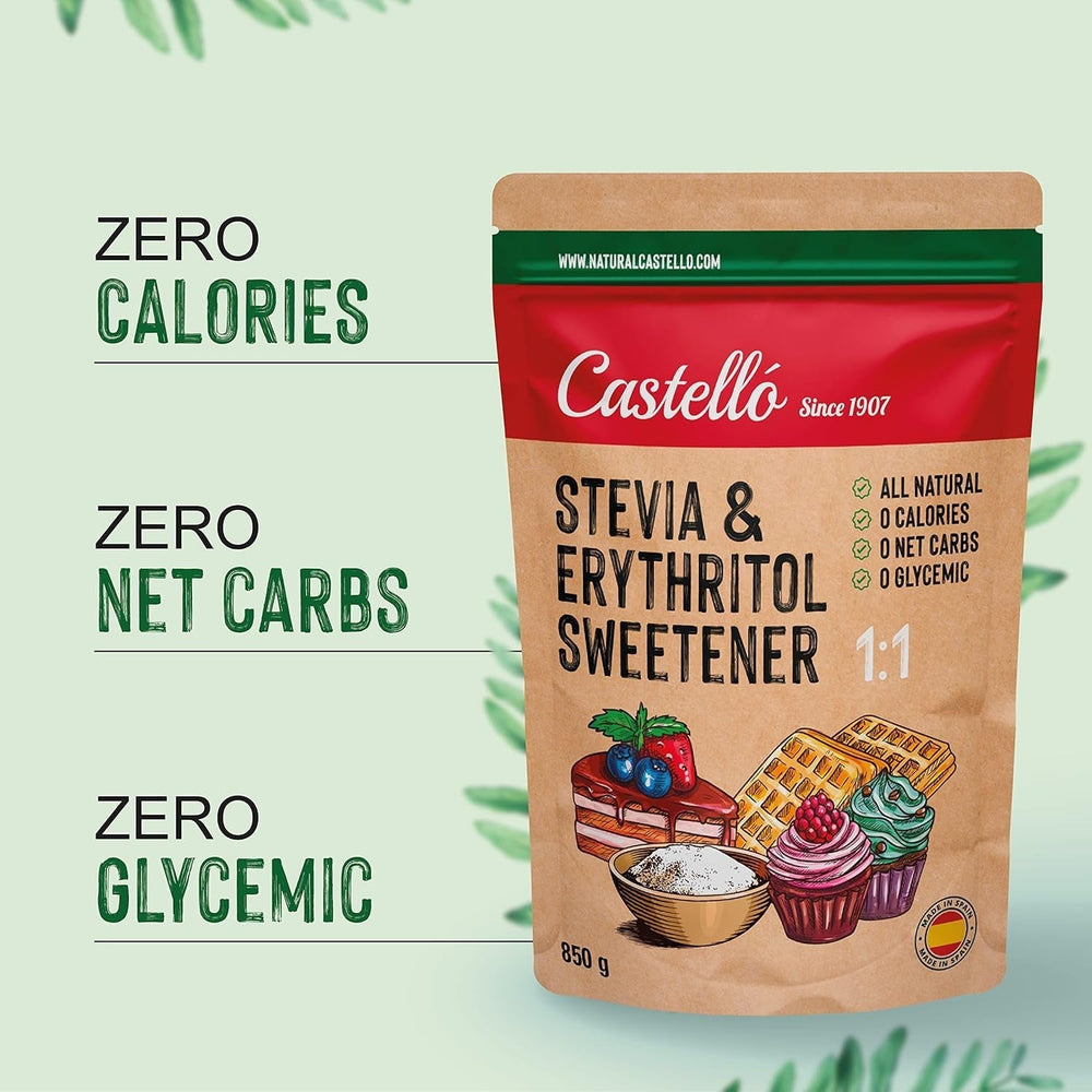 Stevia + Erythritol 1:1 Süßstoff | 1G = 1G Zucker | 100% Natürlicher Zuckerersatz - 0 Kalorien - 0 Glykämischer Index - Keto Und Paleo - 0 Netto-Kohlenhydrate - Kein GVO - Castello seit 1907-850 G Sweeteners Naty Shop