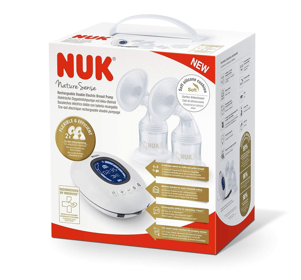 NUK Nature Sense Doppelte elektrische Milchpumpe | Mit Batterie, LCD-Display 2X Behälter für Muttermilch à 150 ml Zubehör Essen und Stillen Bebe Naty Shop