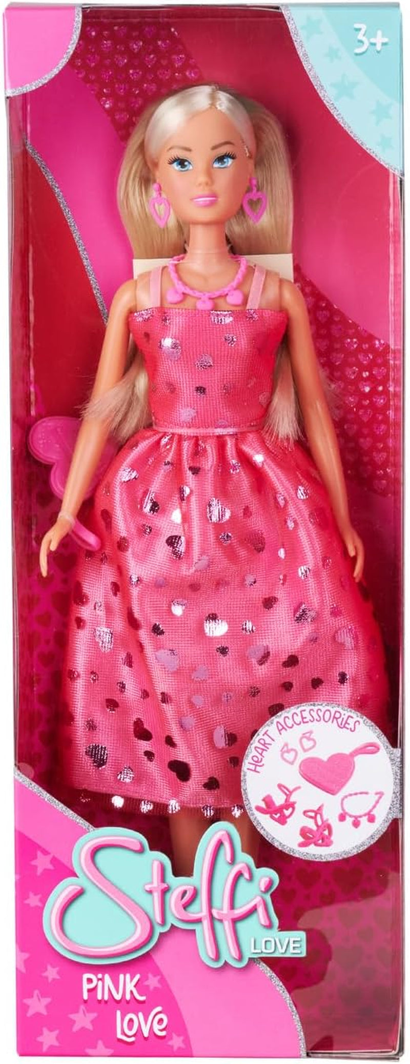 Simba Steffi Love Pink Love – Ankleidepuppe im pinken Glitzerkleid, inkl. Zubehör in Herzform, 29 cm groß, Modepuppe für kreatives Rollenspiel, für Kinder ab 3 Jahren