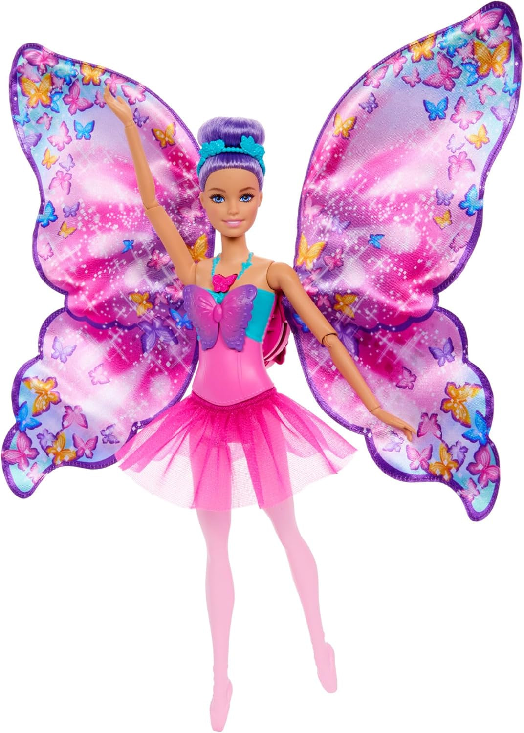 Păpușă Barbie Dansatoare și Fluture cu transformare 2 în 1 din Dansatoare în Fluture cu Aripi care se Deschid, Păr Mov, Accesorii de Păr și Tutu Detașabil, HXJ10