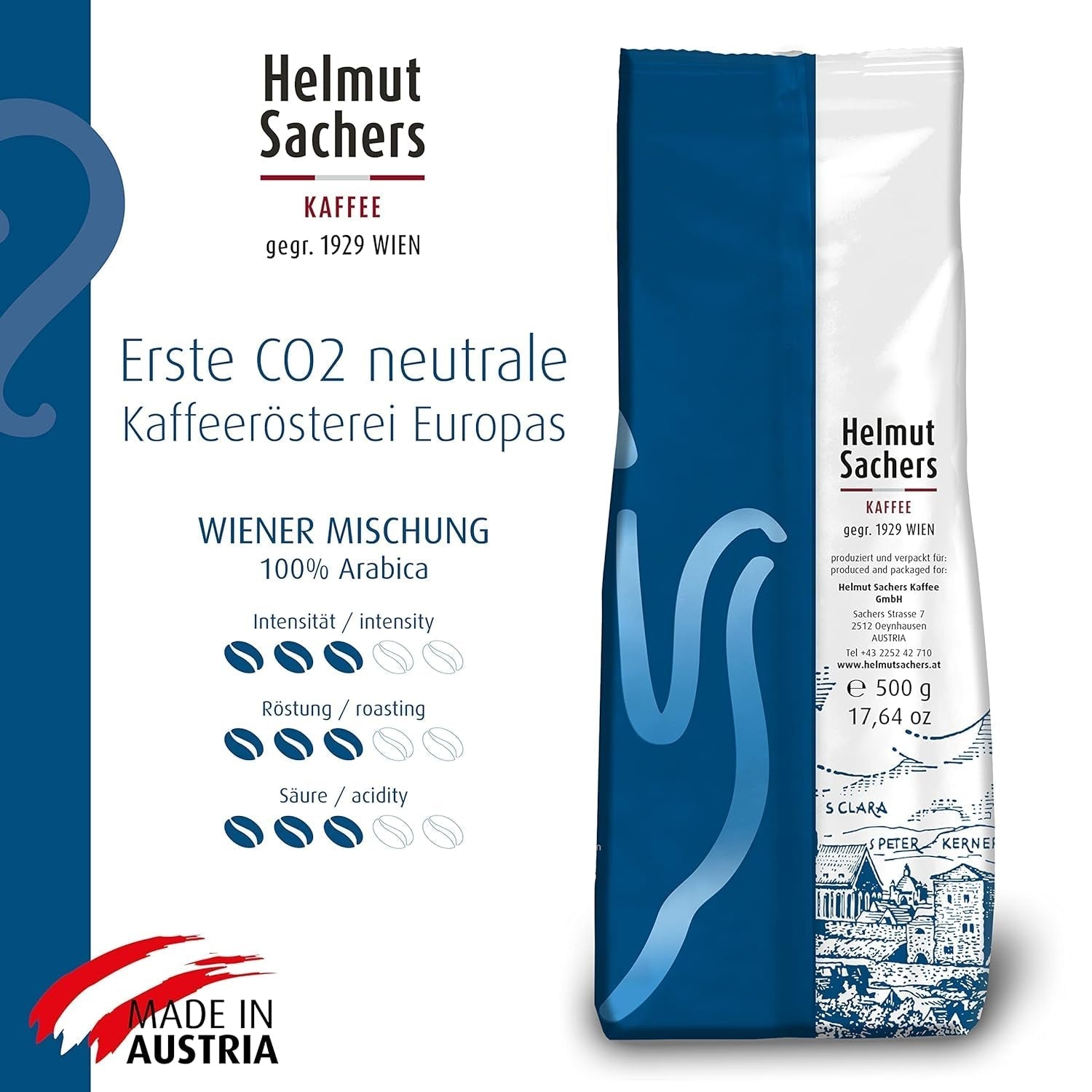 Helmut Sachers Kaffee – Wiener Mischung, Stärke 3/5, 100 % Arabica, ganze Kaffeebohnen, 6 x 500 g Naty Shop