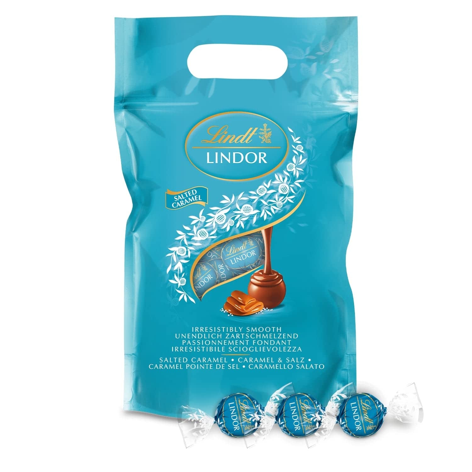 LINDOR Schokokugeln | 1 kg wiederverschließbarer Beutel | ca. 80 Vollmilchschokoladenkugeln mit Minzfüllung | Großpackung & LINDOR Salzkaramell-Schokoladenkugeln
