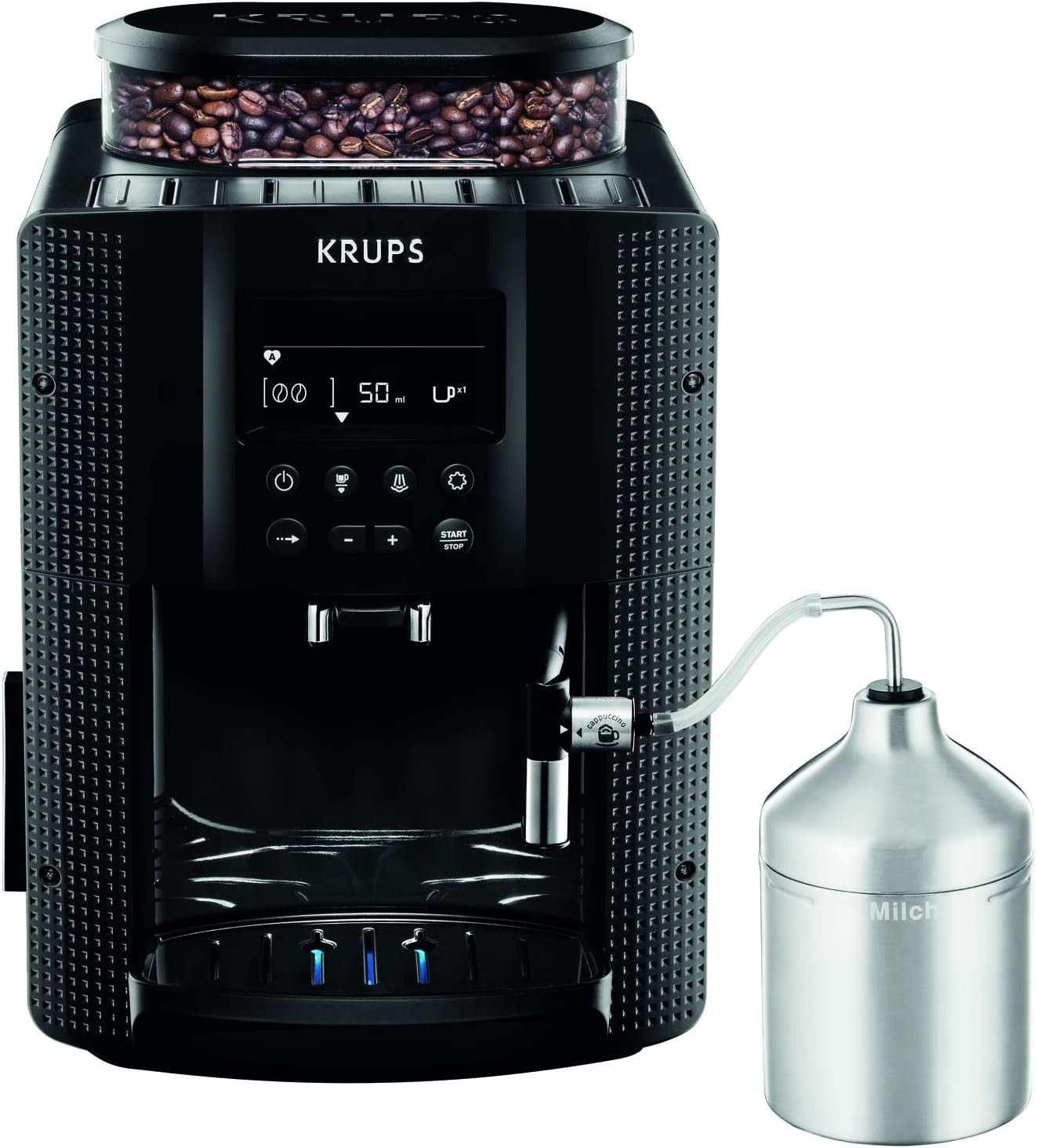 Espressor automat KRUPS Arabica Picto, design compact, utilizare ușoară, control rotativ intuitiv reglabil, spumator de lapte, funcție pentru 2 căni, espressor, negru, EA810870