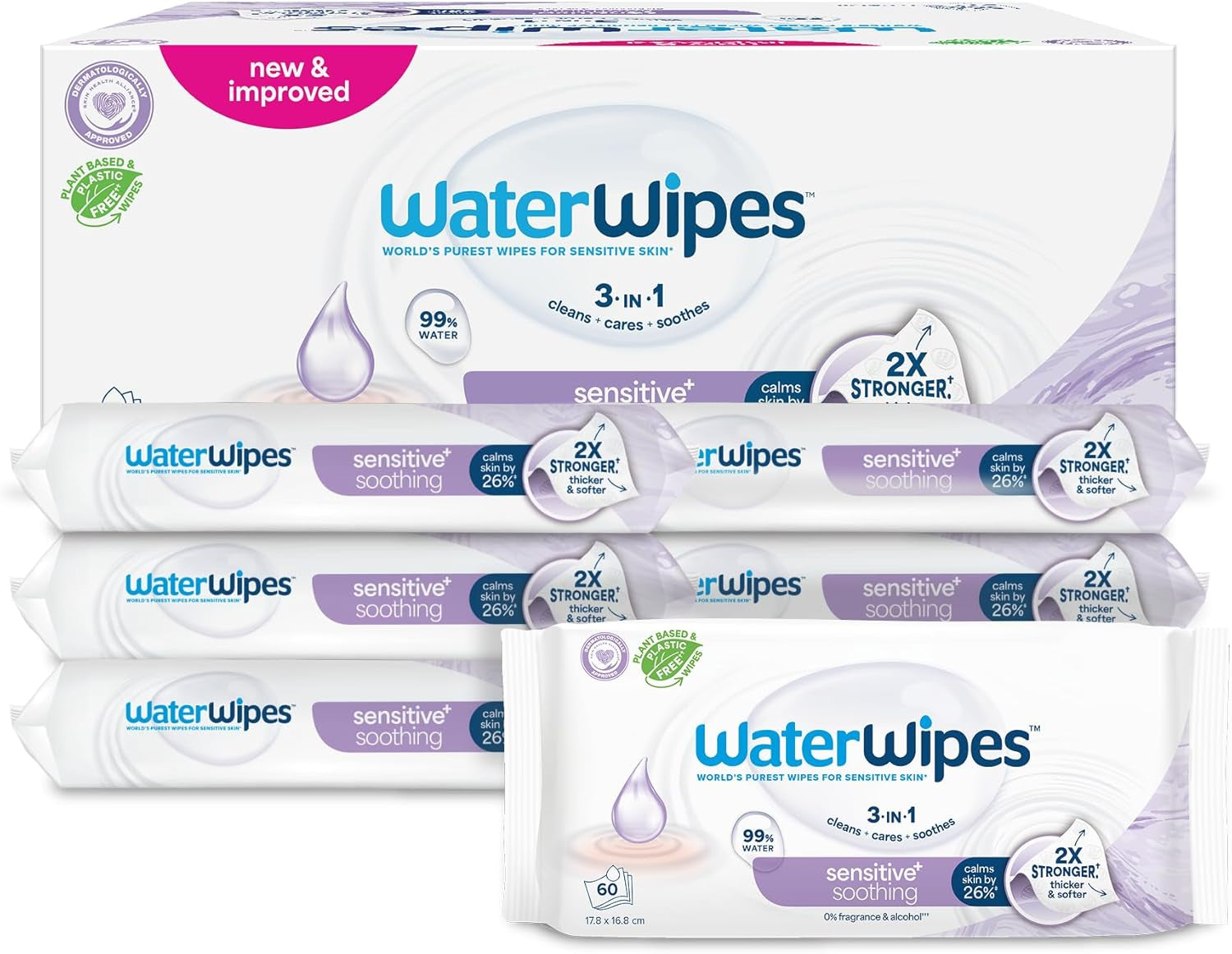 WaterWipes Sensitive+ Beruhigende, saubere Feuchttücher, 720 Stück (12er-Pack), 3-in-1-Reinigung, Pflege und Beruhigung, 99 % Wasser mit Pflanzenextrakt, parfümfreie Baby-Feuchttücher