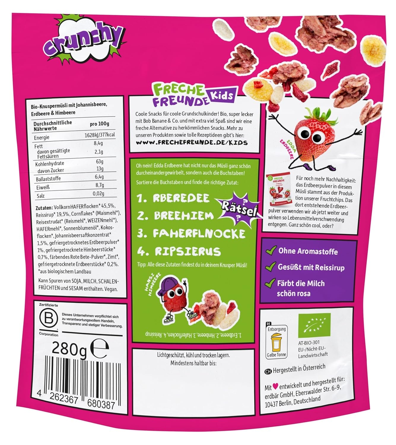 FRECHE FREUNDE Muesli organic pentru micul dejun, mix crocant de muesli cu fructe de pădure Edda's, pentru școlari, cu căpșuni liofilizate, vegan, pachet de 6 (6 x 280g)