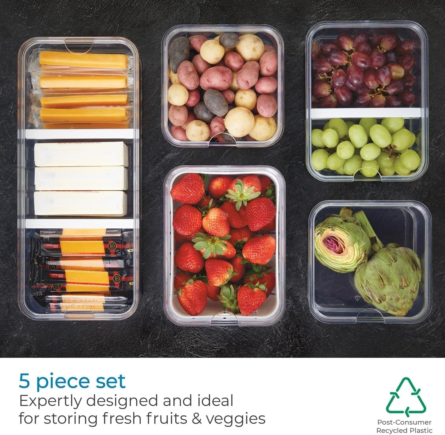 Cutii de depozitare iDesign, organizator frigider cu capac într-un set de 5, cutii de depozitare a alimentelor din plastic reciclat pentru organizarea consumabilelor, transparente și albe Cutii depozitare alimente Naty Shop