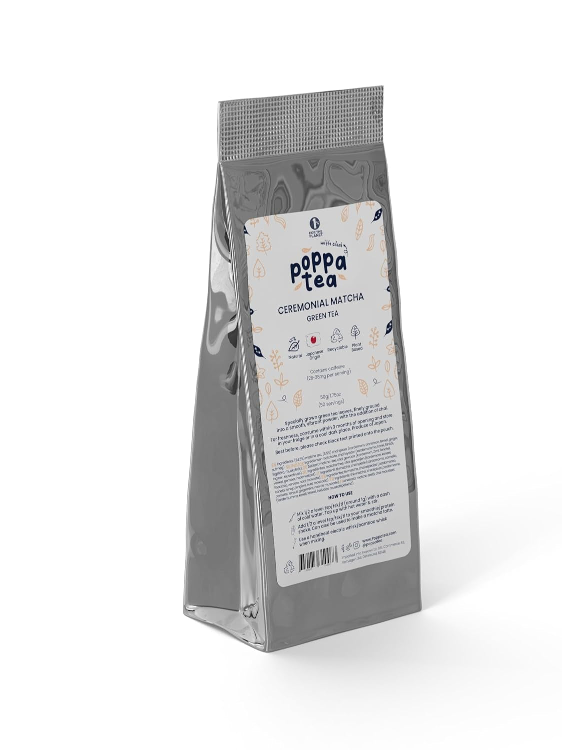 Poppatea Matcha Tea - Ceremonial - Frunze de ceai verde japonez (pungă de reumplere de 50 g, Matcha cu Chai)