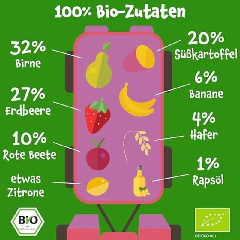Pumpkin Organics Beutel mit Bio-Gemüse und Getreide, 8er-Pack: Birne, Erdbeeren, Süßkartoffeln, Rote Bete, Banane, Hafer – Ohne Zuckerzusatz¹ – Ab 6 Monaten – als Snack oder Ergänzungsnahrung in der Packung (8 x 100 g)