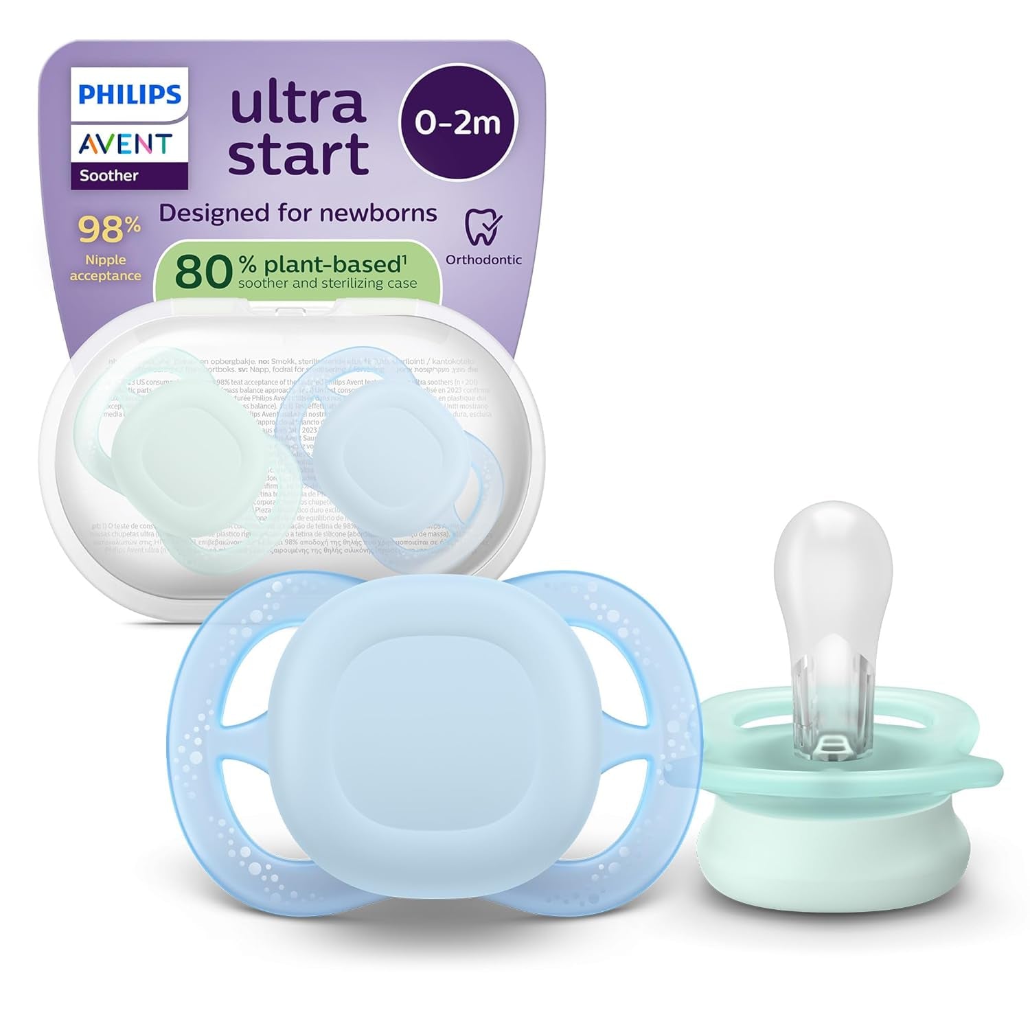 Suzetă de noapte Philips AVENT Ultra Start, suzetă ortodontică pentru nou-născuți, strălucește în întuneric, fără BPA, cu recipient de sterilizare, pachet dublu, Lună, Stea, SCF075/07
