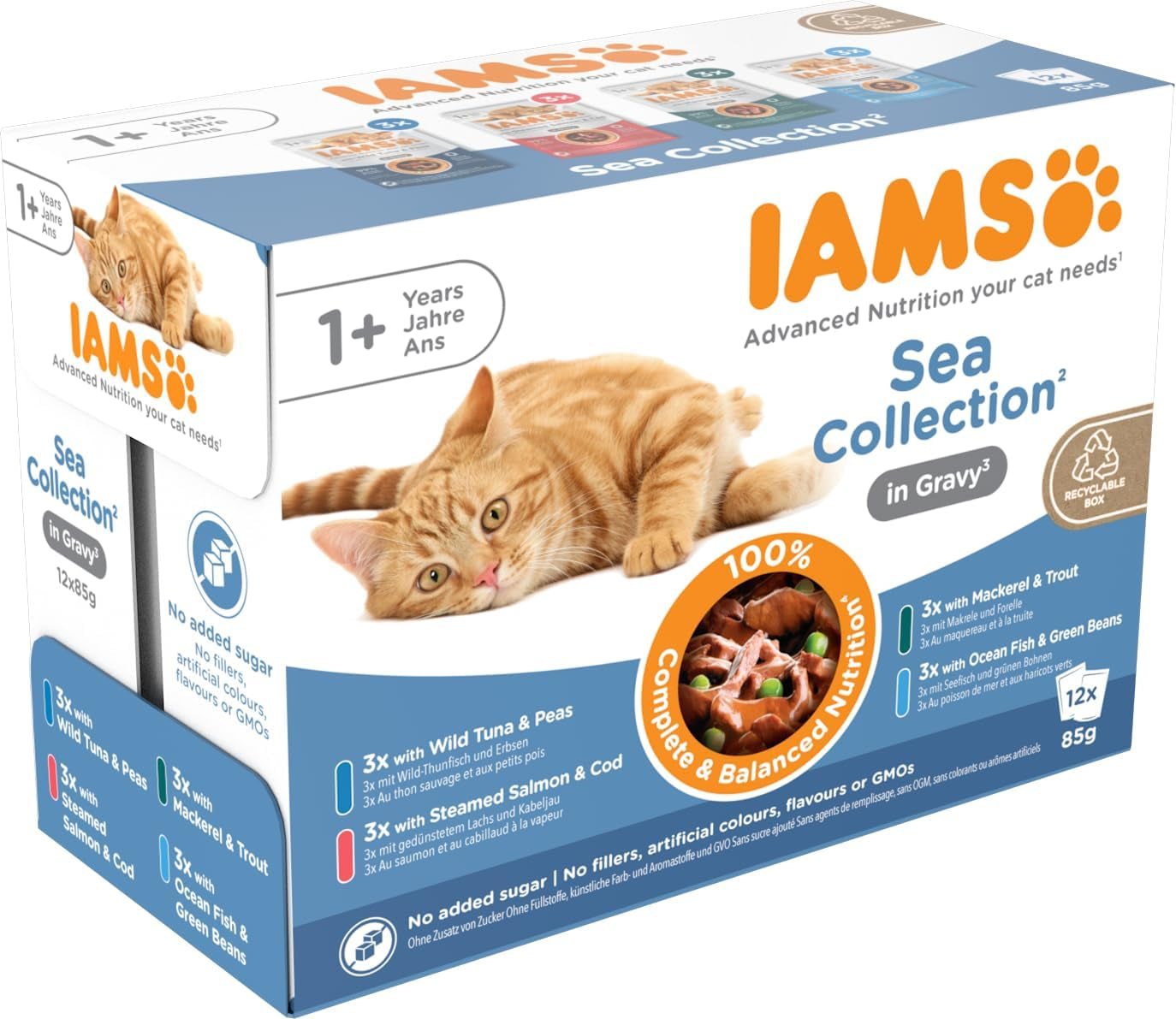 IAMS Delights Sea Collection Katzenfutter Nass - Multipack mit Fisch Sorten (Lachs, Thunfisch, Makrele, Seefisch) in Sauce, Nassfutter für Katzen ab 1 Jahr, 12 x 85g