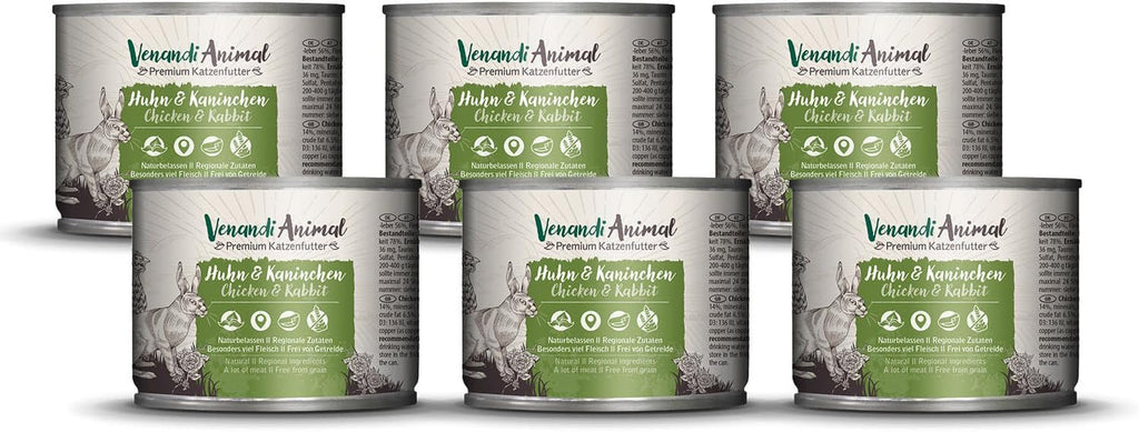 Venandi Animal Premium Hrană umedă pentru pisici, Tasting Pack III, pui, curcan, vită, pui + iepure, vițel, curcan, 6 X 200 G, fără cereale și naturală, 1.2 Kg