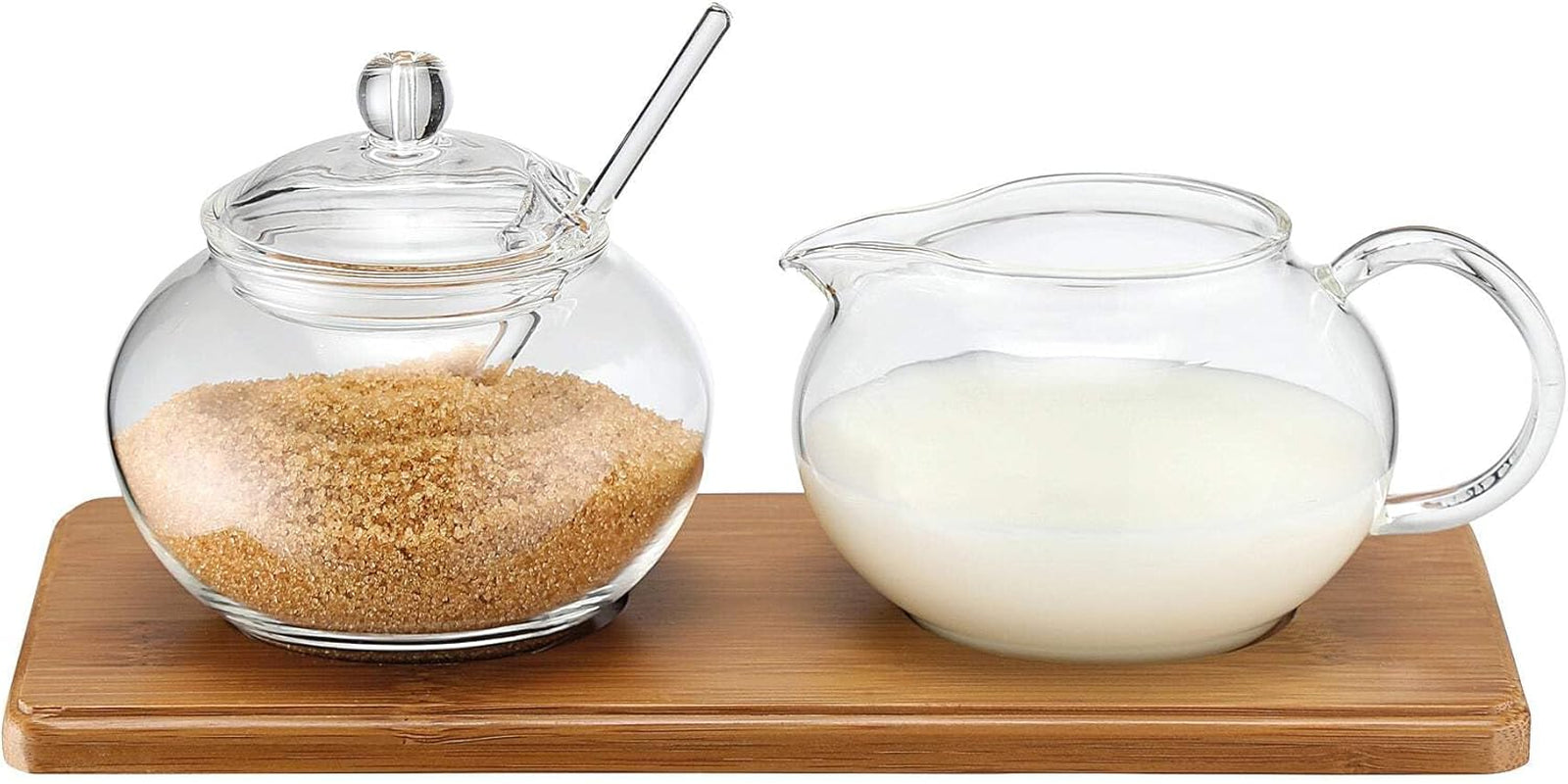 Set zahăr/frișcă în sticlă cu tavă din bambus, 14580