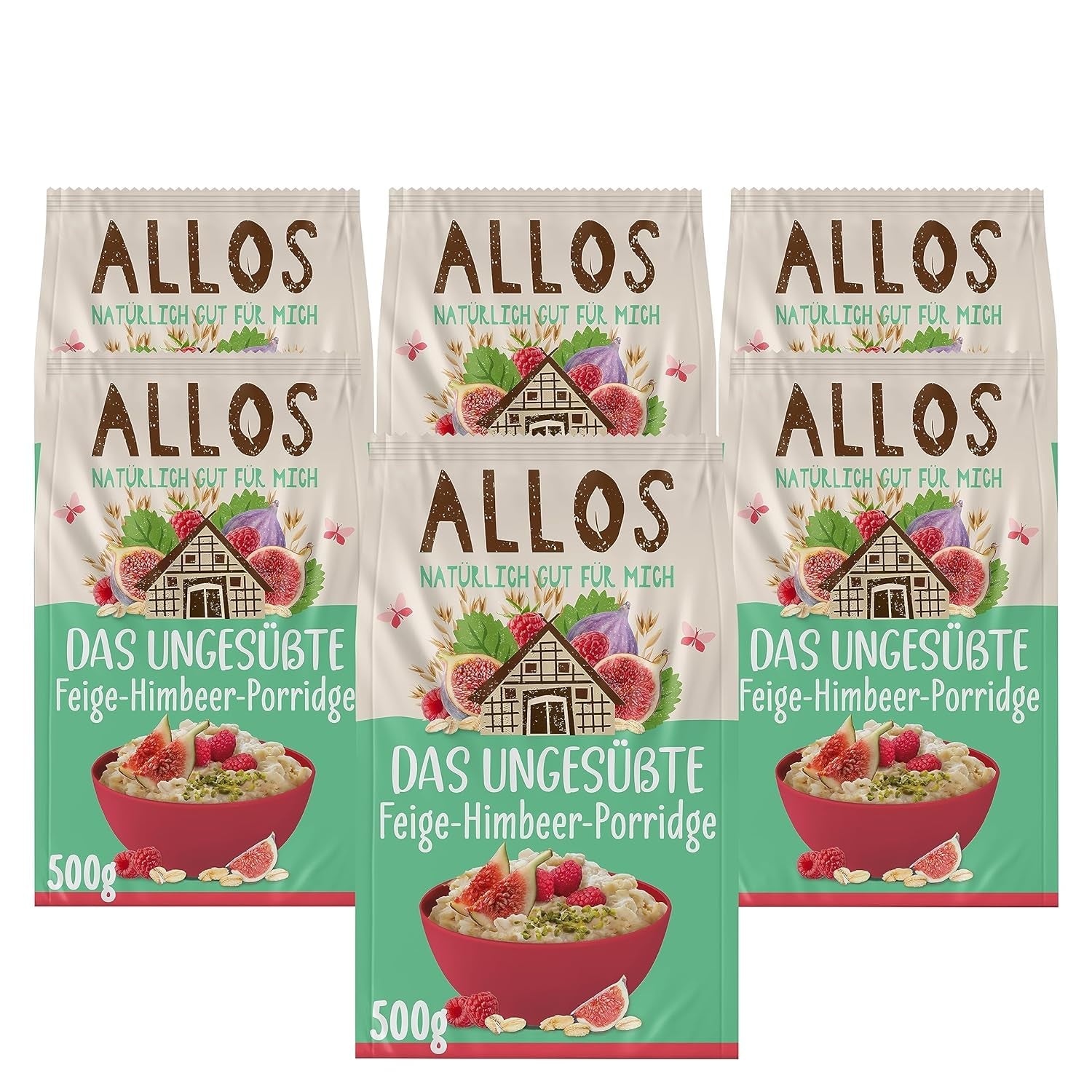 Ungesüßter Allos-Porridge mit Feigen und Himbeeren | Porridge ohne Zucker | Bio-Müsli | Müsli mit Früchten | Haferflocken | Porridge zum Frühstück | Müsli zum Frühstück | Vegan | 6er-Pack (6 x 500 g)