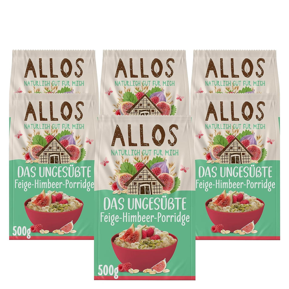 Ungesüßter Allos-Porridge mit Feigen und Himbeeren | Porridge ohne Zucker | Bio-Müsli | Müsli mit Früchten | Haferflocken | Porridge zum Frühstück | Müsli zum Frühstück | Vegan | 6er-Pack (6 x 500 g)