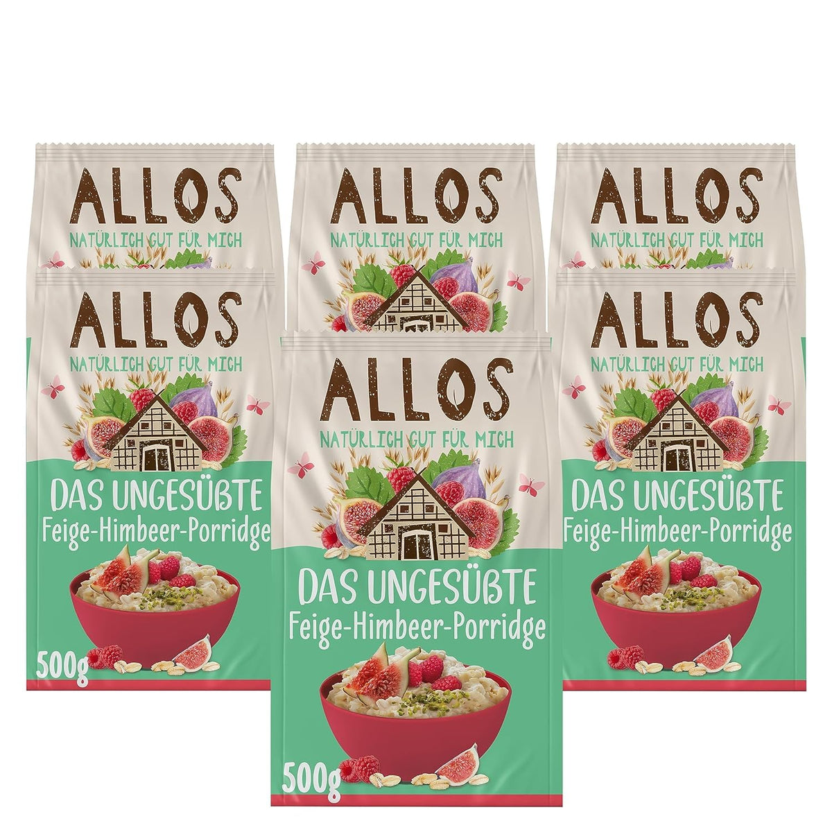 Ungesüßter Allos-Porridge mit Feigen und Himbeeren | Porridge ohne Zucker | Bio-Müsli | Müsli mit Früchten | Haferflocken | Porridge zum Frühstück | Müsli zum Frühstück | Vegan | 6er-Pack (6 x 500 g)