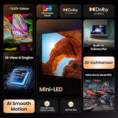Televizor Hisense 55U7Q de 55 de inci, mini LED ULED 4K, Smart TV, motor Hi-View AI, mod de joc Pro la 144Hz, FreeSync Premium, subwoofer încorporat, Dolby Vision IQ Atmos, AirPlay, control vocal [2025]