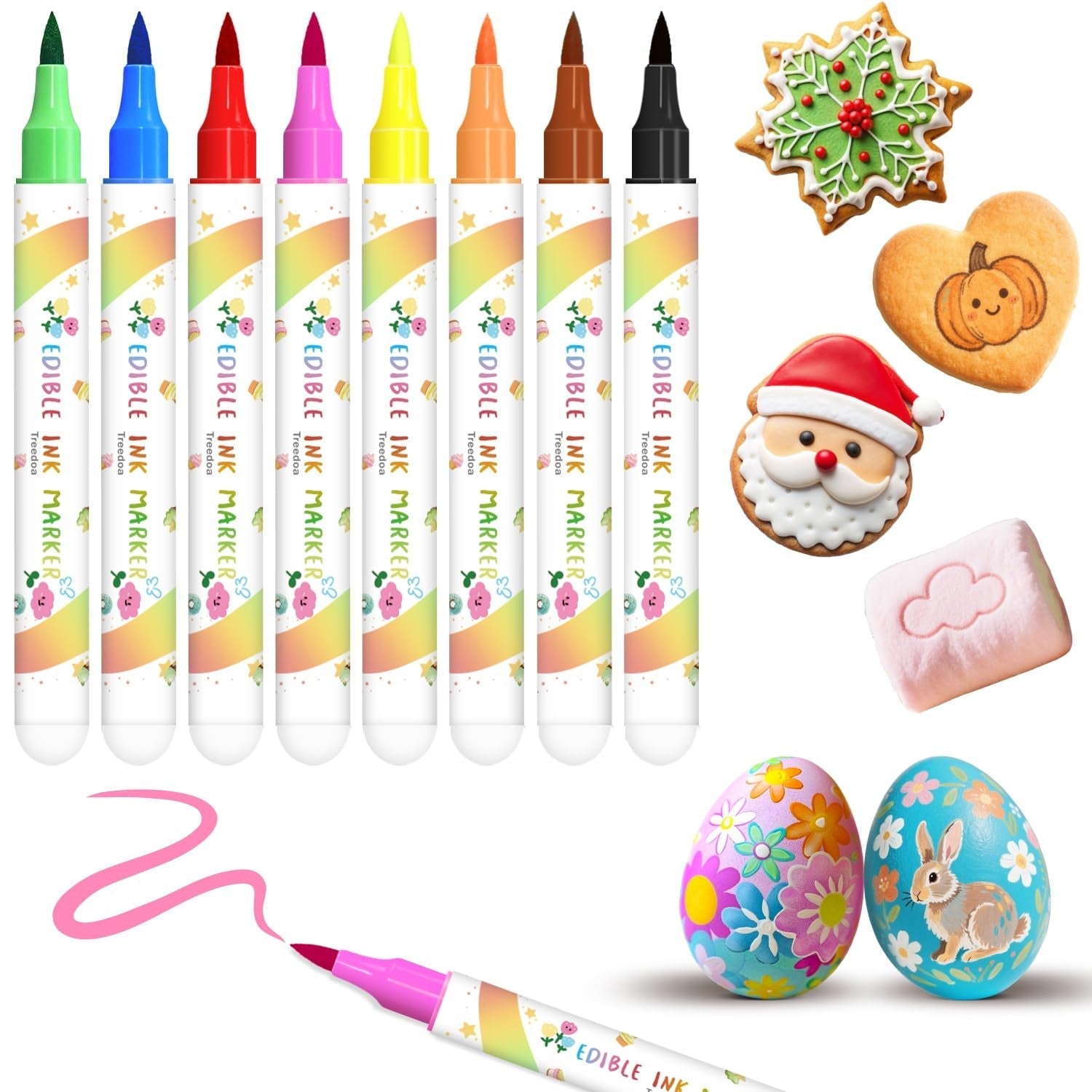 Pixuri colorante alimentare, 8 bucăți de pixuri alimentare cu vârfuri moi pentru linii groase și subțiri, pixuri alimentare pentru copt, pixuri comestibile pentru prăjituri, fursecuri, fondant, alimente