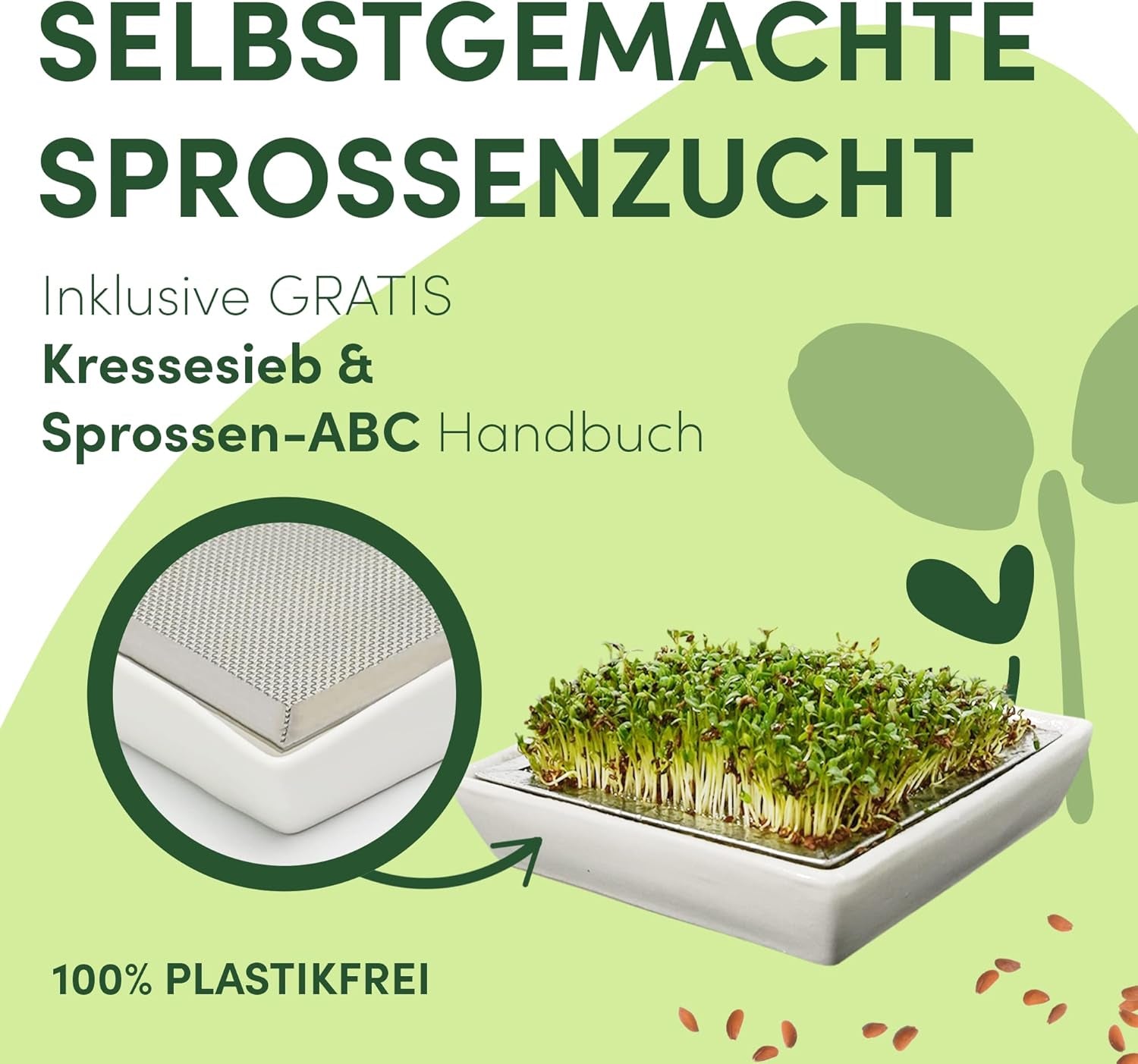 [Original Starterset mit Sprossenglas + Brunnenkressesieb | 1000 ml mit hochwertiger Edelstahl-Netzabdeckung, Ständer, Keramikschale + ABC für die Keimung. [Druckversion] Sämlingsschale mit Keimglas