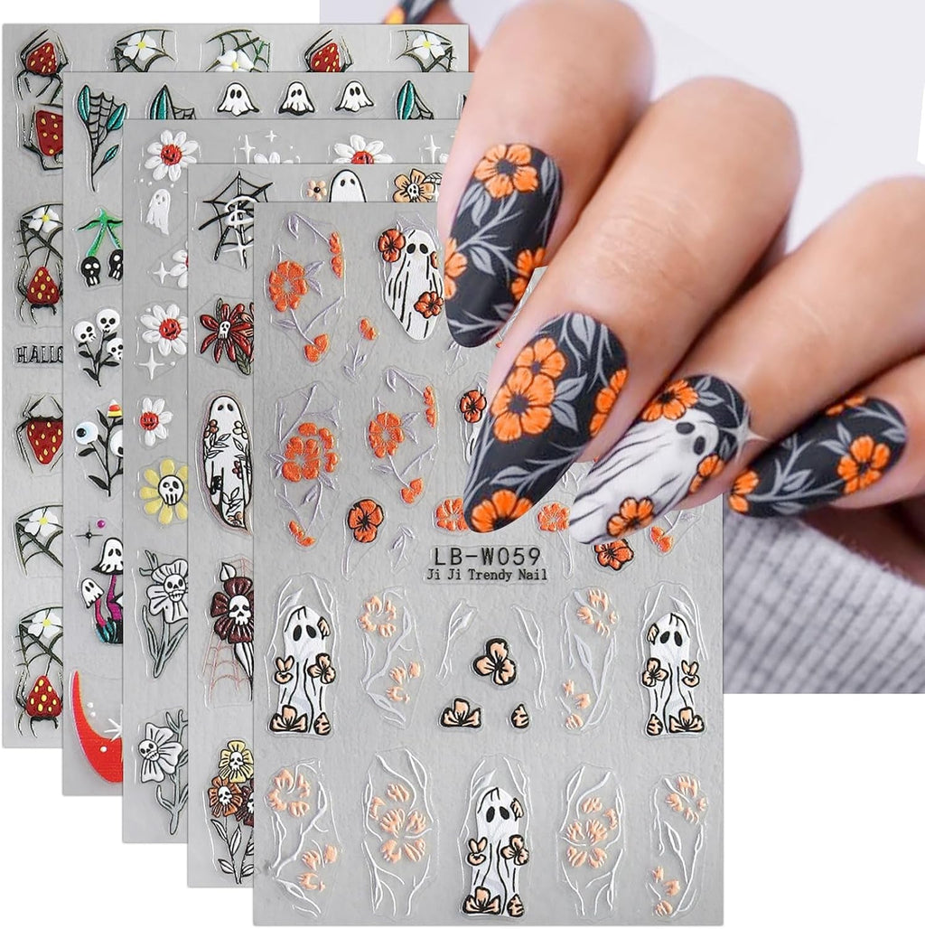 JMEOWIO Nagelsticker Halloween 9 Blatt Nail Art Sticker Selbstklebend Nagelaufkleber Süße Geisterblume Dekoration Nageldesign Zubehör