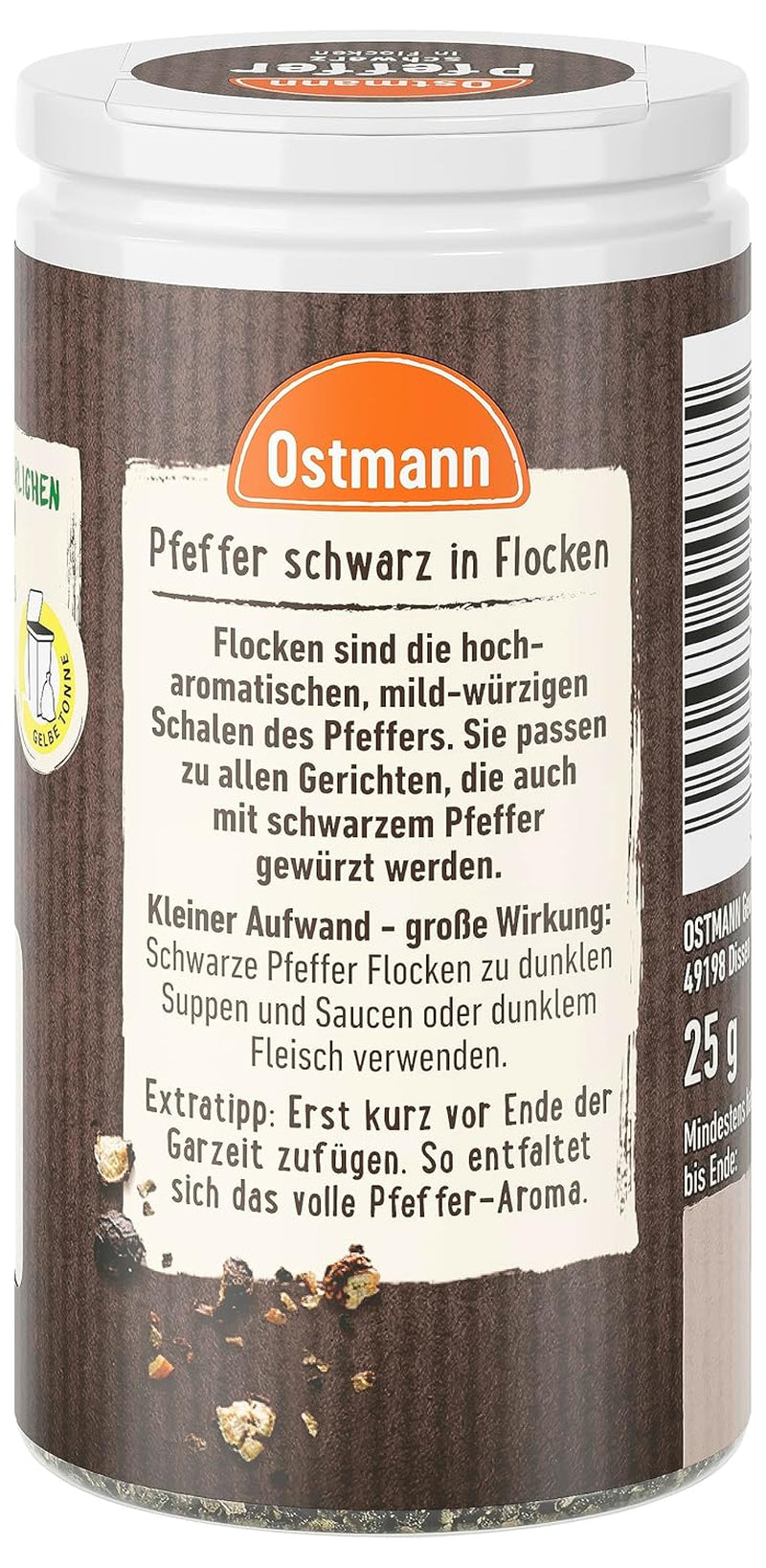 Ostmann Gewürze - Schwarze Pfefferflocken | Grober Pfeffer für intensiv-schwarzes Gesmack | Mit praktischem Streuaufsatz | 25 g in der Streudose