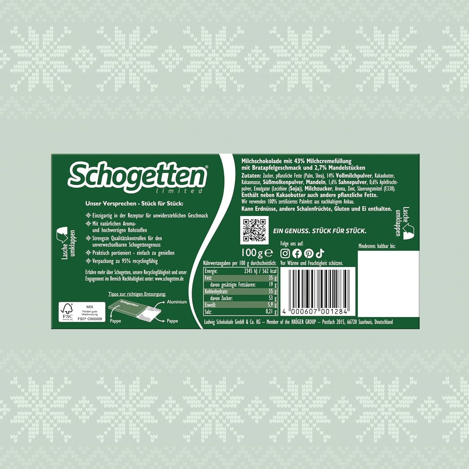 Schogetten Winter Edition mit reifen Äpfeln I Schokoriegel 100g I mit Vollmilchschokolade und in praktischen Einzelstücken