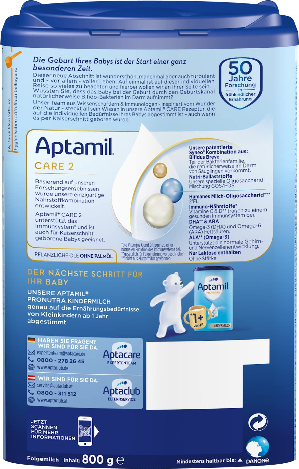 Aptamil Care 2 – Folgemilch nach 6 Monaten, mit Omega 3 und 6, DHA und ARA, palmölfrei, Babynahrung, Milchpulver, 1 x 800 g (3er Pack)