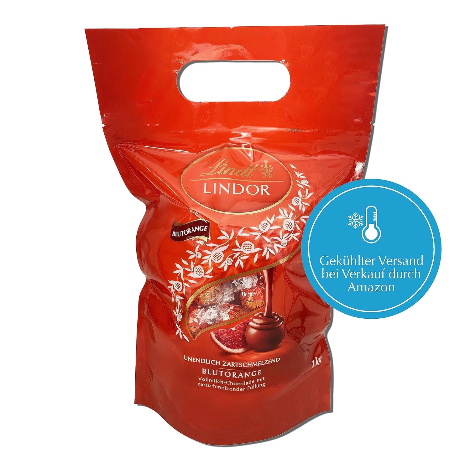 Lindt LINDOR Rot-Orangen-Schokoladenkugeln | 1 kg wiederverschließbarer Beutel | ca. 80 Pralinen mit zartschmelzender Füllung | Großpackung, Schokoladengeschenk