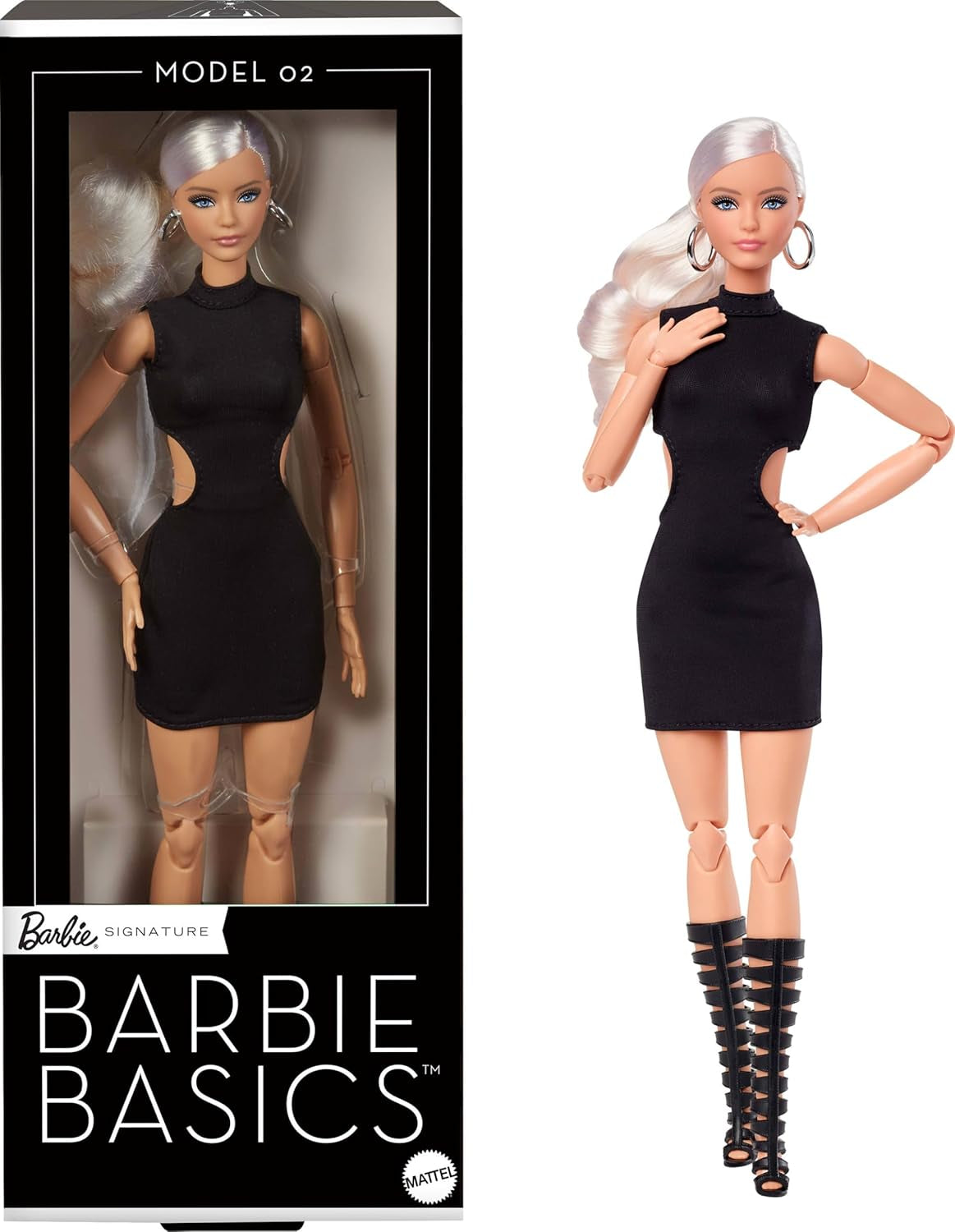 Barbie Basics Modell 2 Sammlerpuppe mit blonden Haaren, schwarzem Minikleid und Gladiatorstiefeln, universelle Passform, beweglicher Körper und austauschbarer Kopf, JBH71 Naty Shop Dolls Standardtitel