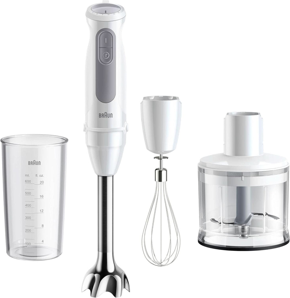 Braun Stabmixer MQ 5200WH - Multiquick 5 Vario Pürierstab Mit Edelstahl Mixfuß, 1000 Watt, Inkl. 600 Ml Mix- & Messbecher, Weiß/Grau Kitchen Naty Shop Version 2024 - Schneebesen