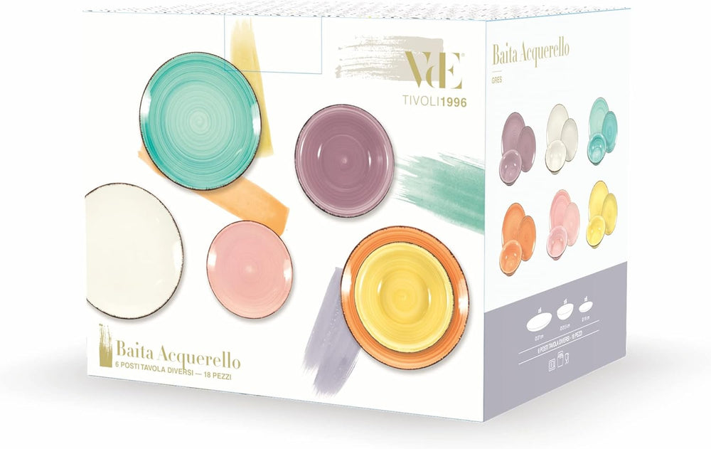 2197966 Set de veselă Baita Watercolor, 18 piese, gresie pictată manual, 6 blaturi diferite