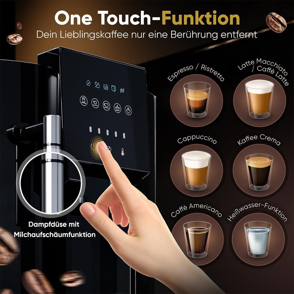Espressor ProfiCook® complet automat cu spumator de lapte pentru cappuccino | Râșniță conică | cu funcție de încălzire a ceștilor | Pompă profesională italiană | Ecran tactil | Espressor | PC KAV 1281