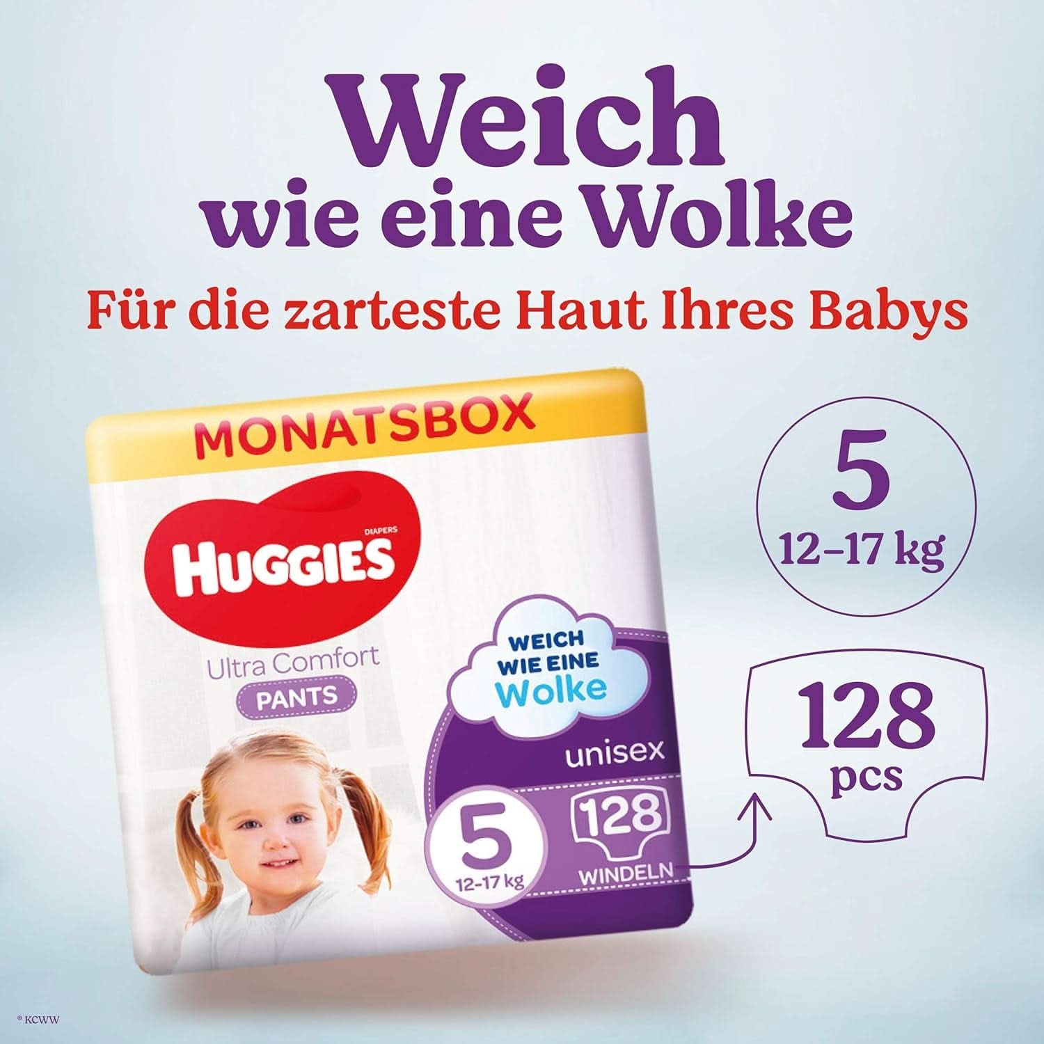 Huggies Ultra Comfort Pants, mărimea 5, 12 - 17 kg, Pentru copii activi, Cu indicator de umezeală și tehnologie cloud waistband, 128 scutece Mama si Copilul Naty Shop