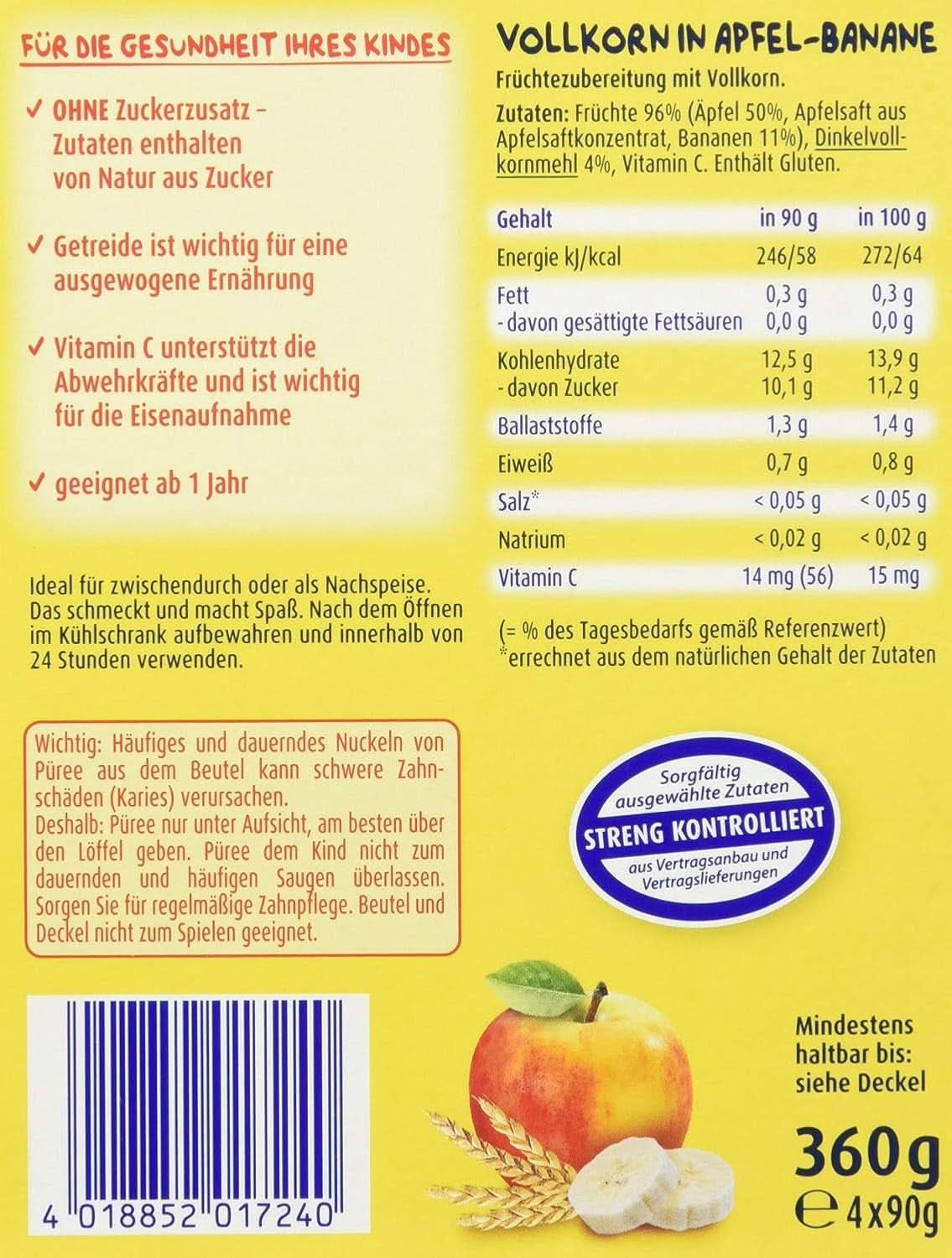 Lustige Früchte und Müsli für Kinder, ganz in Äpfel-Bananen, 4er-Pack (4 x 90 Gramm) Mutter und Kind Naty Shop