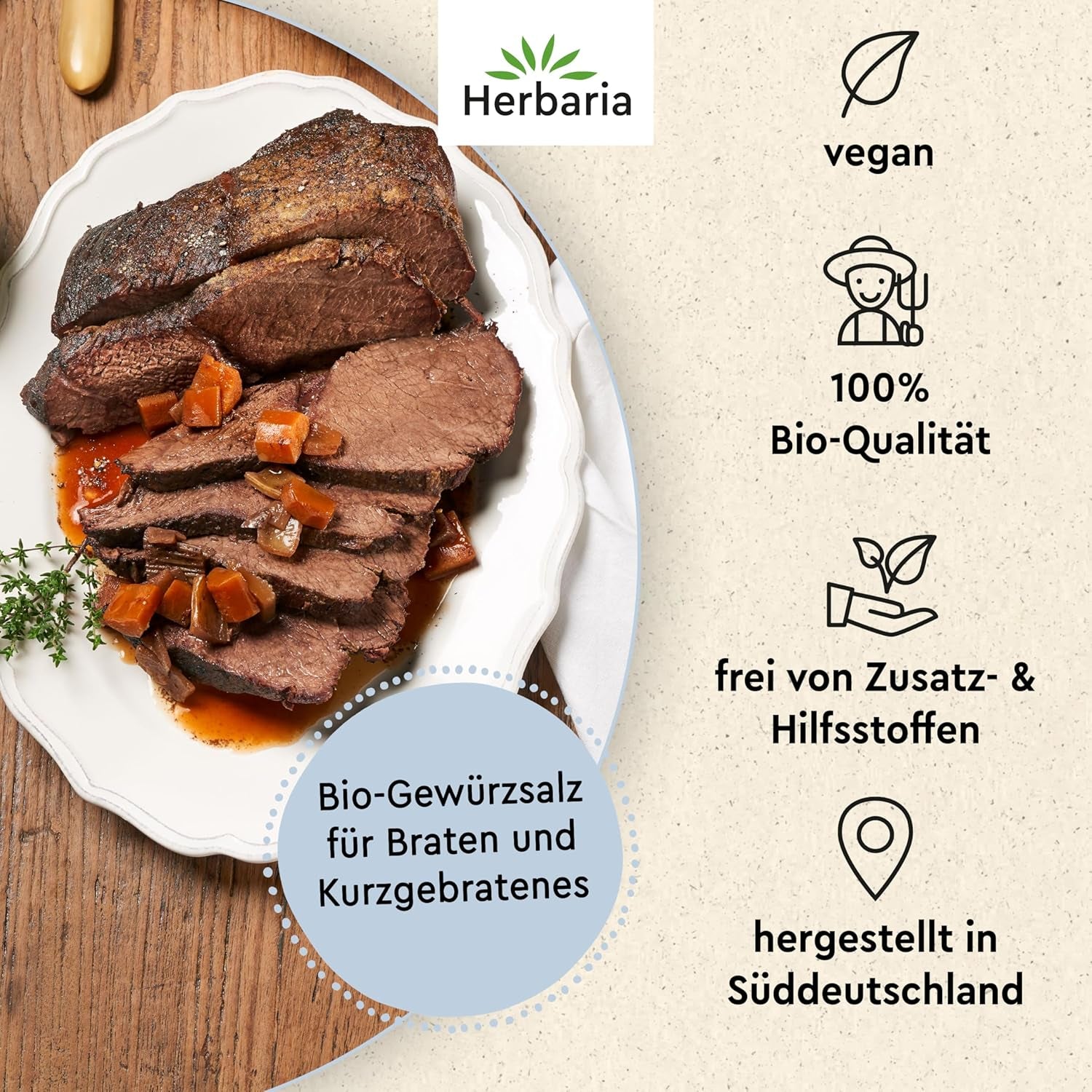 Herbaria Himmel auf Erden bio 100g M-Dose – fertiges Bio-Gewürzsalz für Rind-, Kalb- und Schweinefleisch als Braten oder Kurzgebratenes – in nachhaltiger Aromaschutz-Dose
