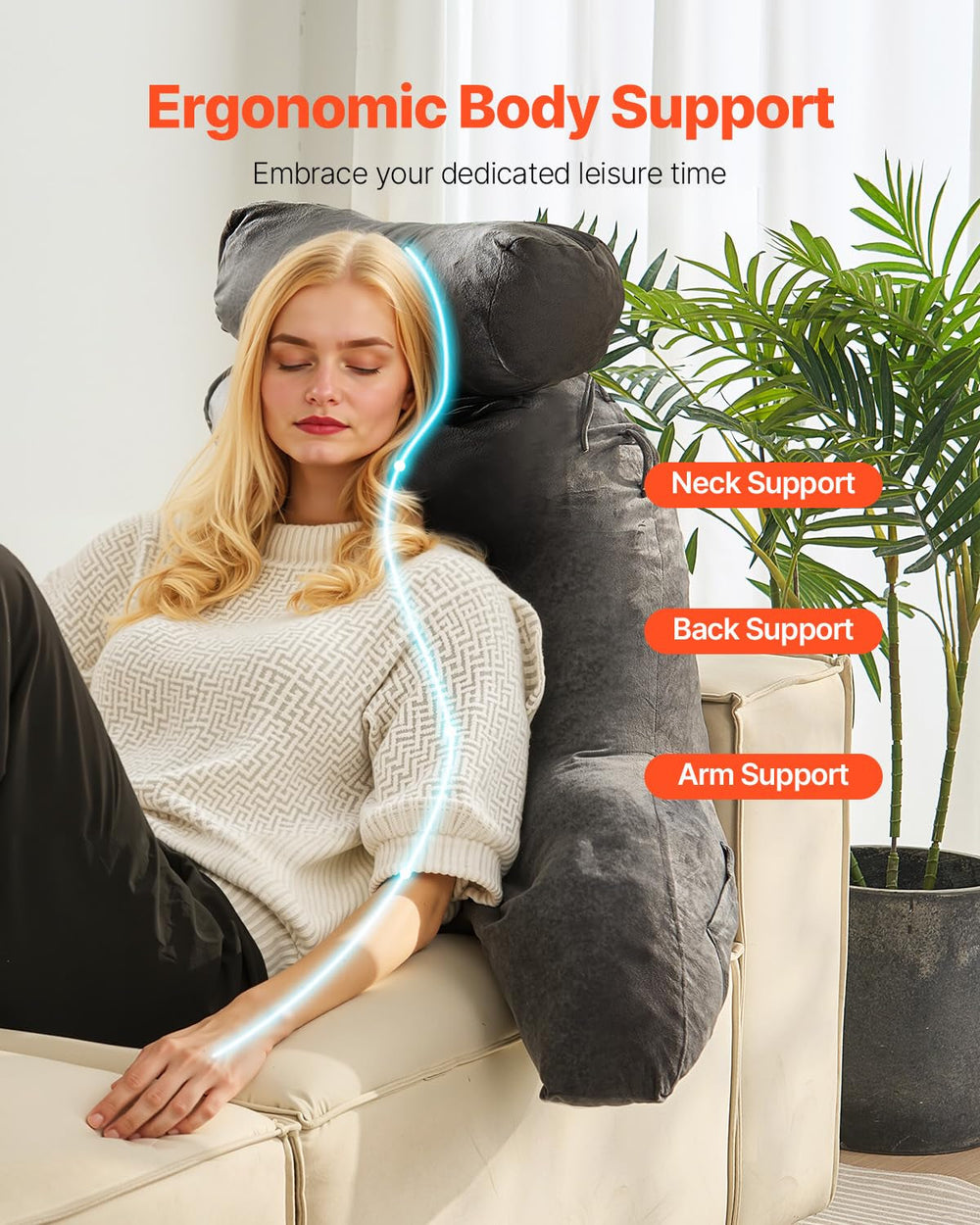 Pernă de citit VEVOR, pernă de pat (mare) cu tetieră detașabilă, pernă pentru spate cu 3 buzunare și material textil lavabil din catifea scurtă și spumă cu memorie mărunțită, lateral cu mâner, pentru vizionarea la televizor, citit, jucat