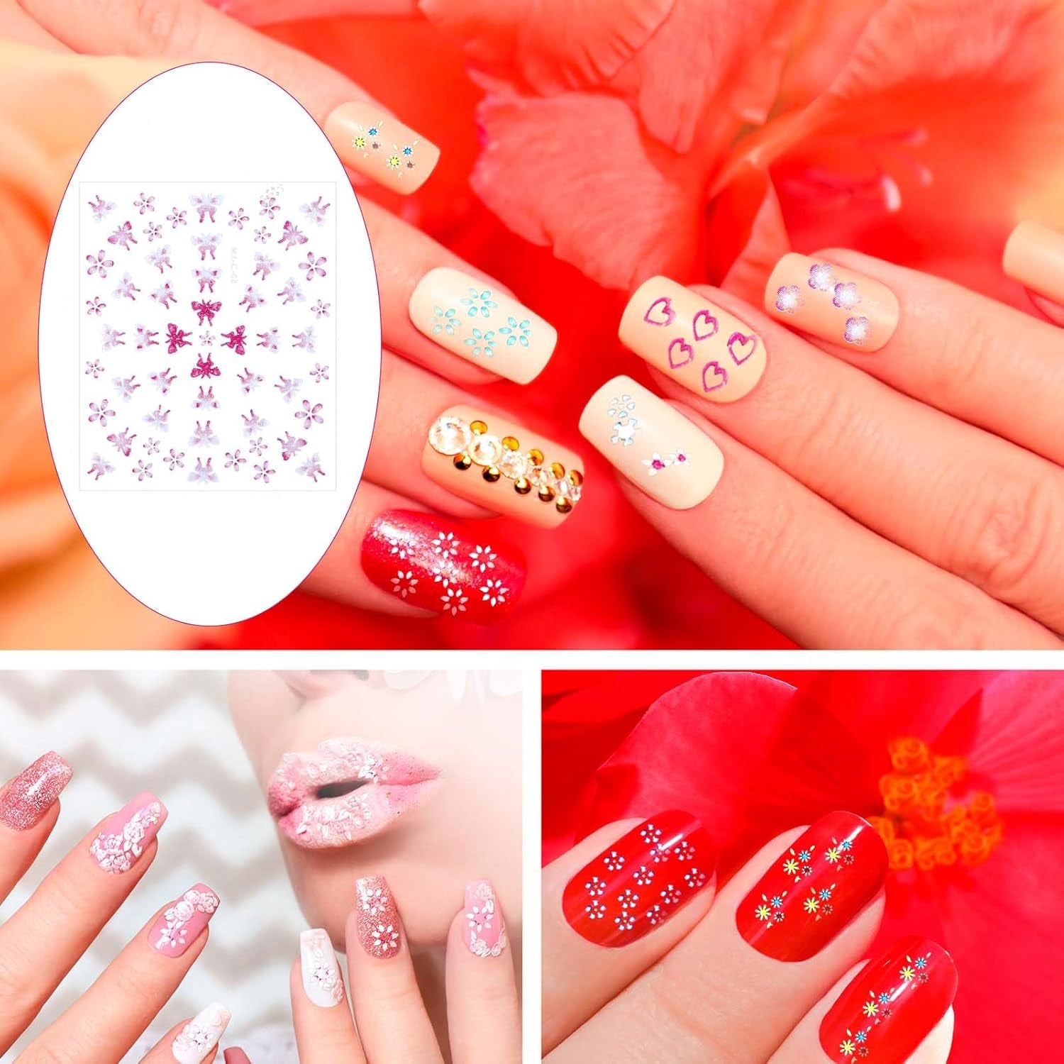 3D Nagelsticker 30 Blatt Nagelsticker Selbstklebend Blumen Blumenherzform Nageldesign Nail Sticker Nageldesign Zubehör Nagelaufkleber Für DIY Dekorationen, Maniküre, Handyhüllen