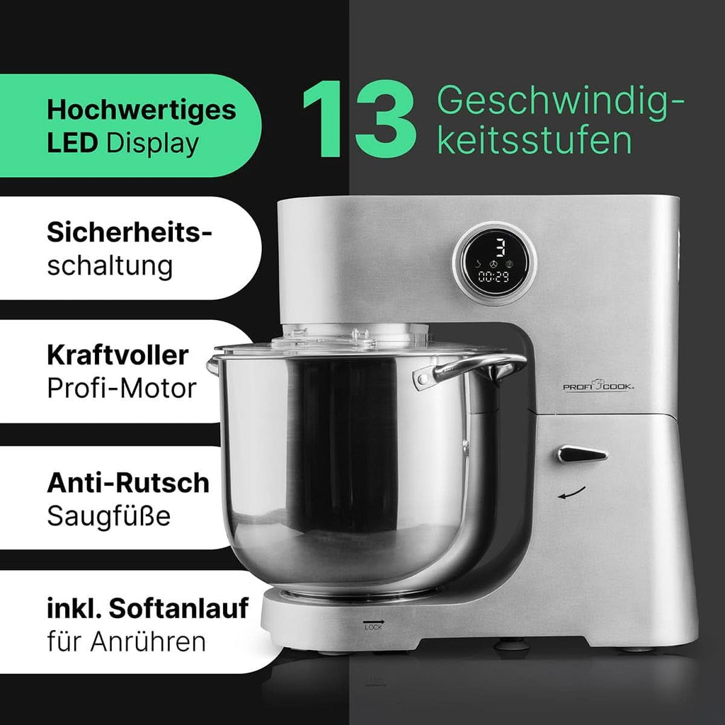 Proficook® Küchenmaschine Mit XXL 12L Schüssel | Knetmaschine Mit 2500W Longlife-Profi-Motor | Metallgetriebe Und Led-Display | Food Processor Für Bis Zu 8,5 Kg Teig |13 Geschwindigkeiten | PC KM 1254 Mama si Copilul Naty Shop