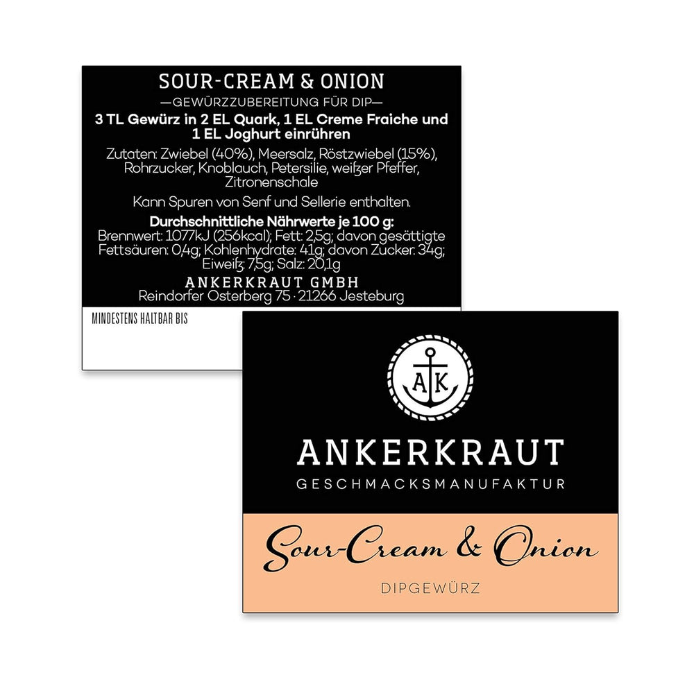 Ankerkraut „Sour-Cream & Onion“, Dip-Gewürzmischung für Kartoffelspalten, Brot, Fleisch oder Chips, 160g im aromadichten Beutel