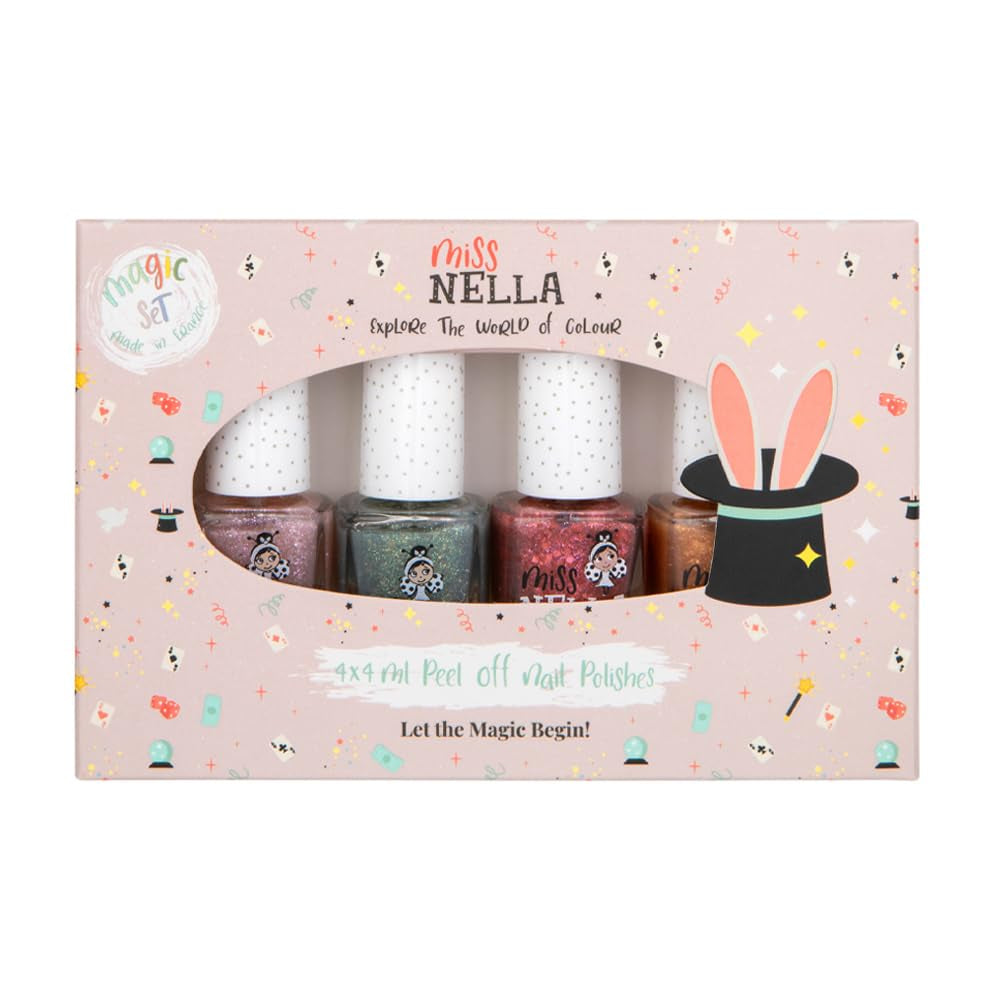 Miss Nella Magic Collection 4-teiliges Glitzer-Nagellack-Set: Rosa, Rot, Gold und Blau, spezieller entfernbarer Nagellack für Kinder, ungiftig, auf Wasserbasis, geruchlos